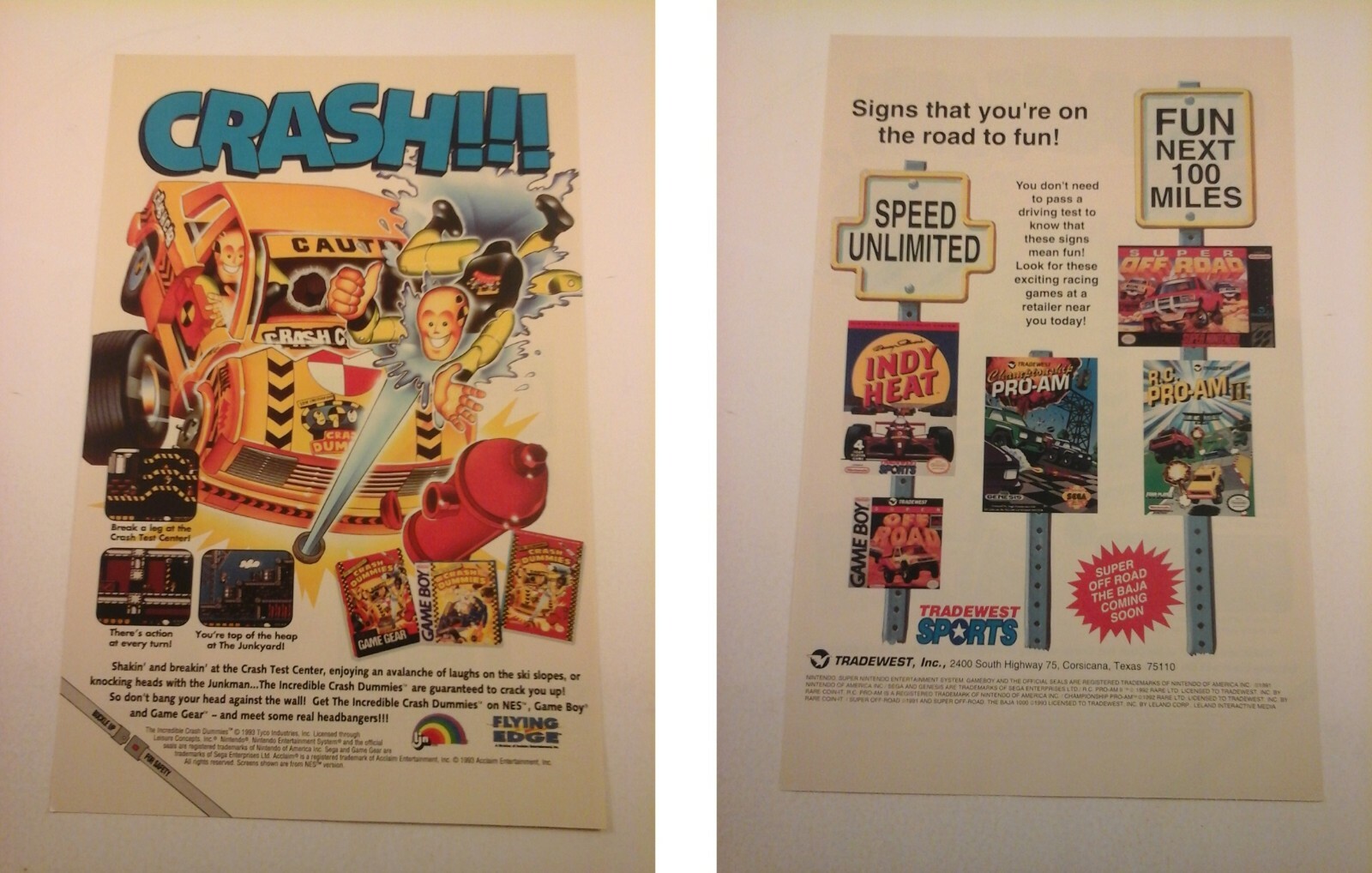 1993 Vtg Video Game Print Ad CRASH DUMMIES, OFF ROAD, INDY HEAT, PRO-AM Double s