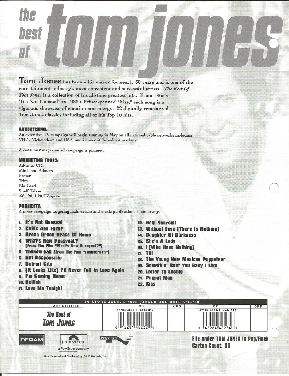 TOM JONES Rare VINTAGE 1998 DOUBLE SIDED PROMO TRADE AD Poster for Best MINT