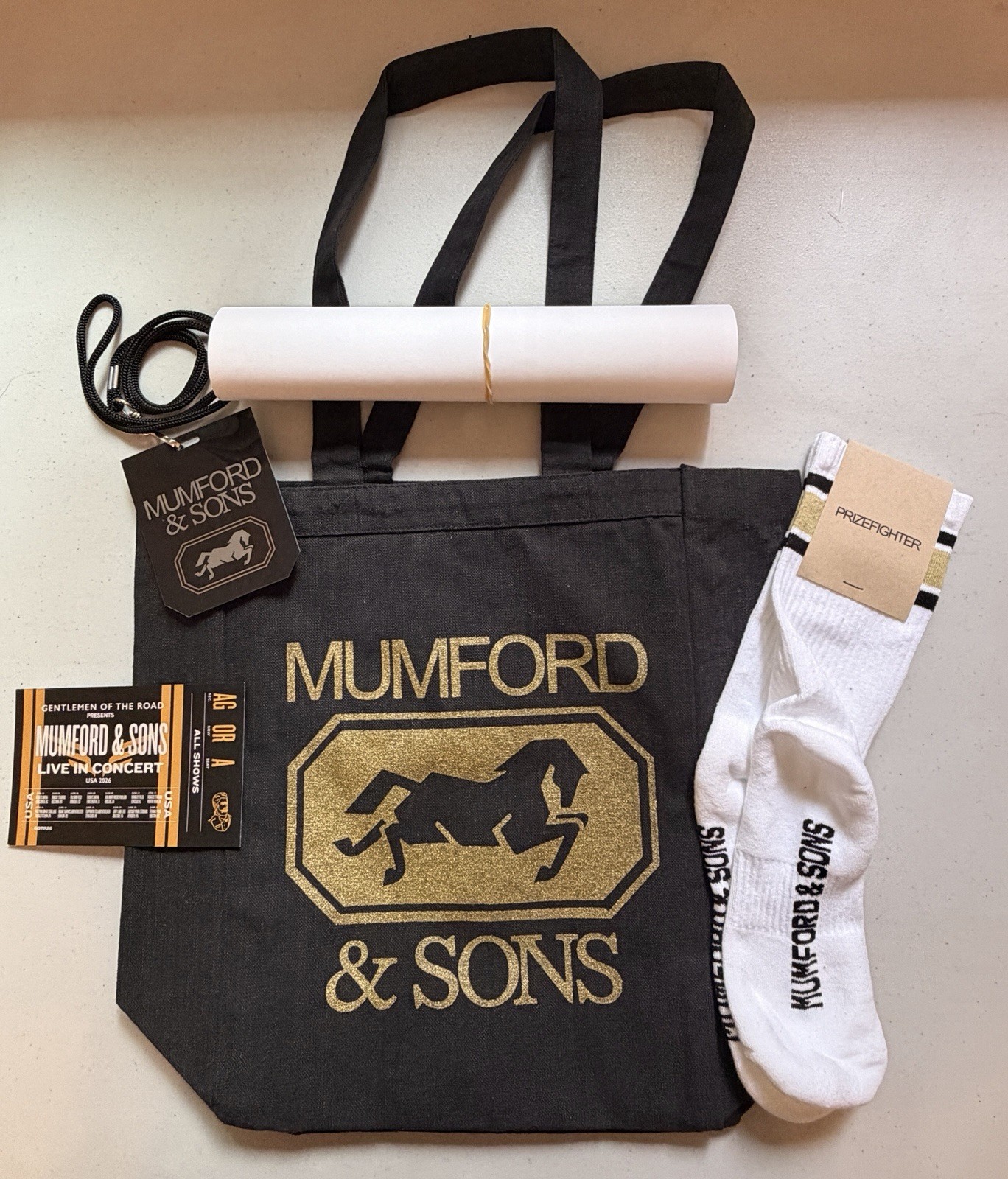 Mumford & Sons 2026 Prizefighter Tour VIP Package Tote Lanyard Poster Socks
