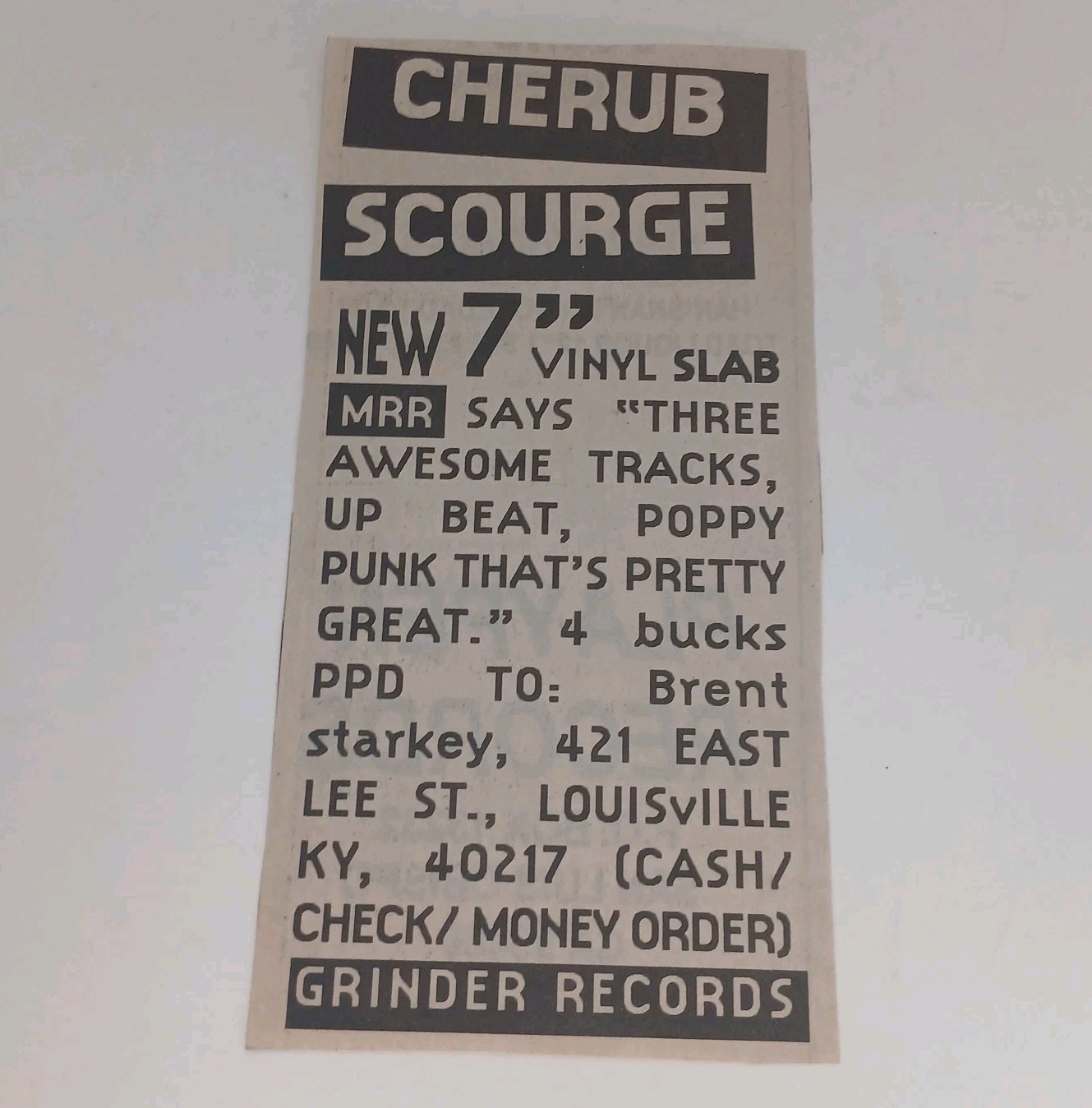 Cherub Scourge 7″ Vinyl Promo Flyer Ad 90s Pop Punk MRR Grinder Records Rare
