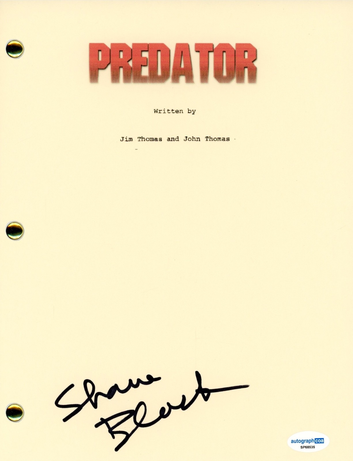 Shane Black “Predator” Signed Autograph Movie Script Screenplay Hawkins ACOA COA