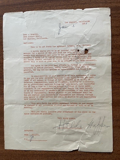 HEDDA HOPPER signed contract With Her Personal Manager Bren-Orsatti