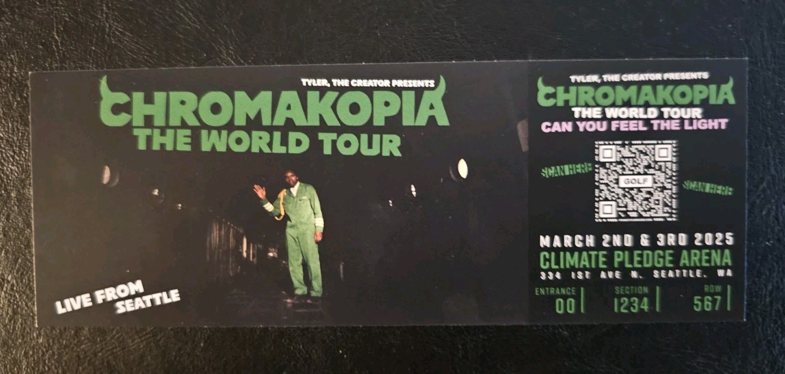 Tyler the Creator Chromakopia Tour Merchandise Ticket Souvenir Seattle, WA
