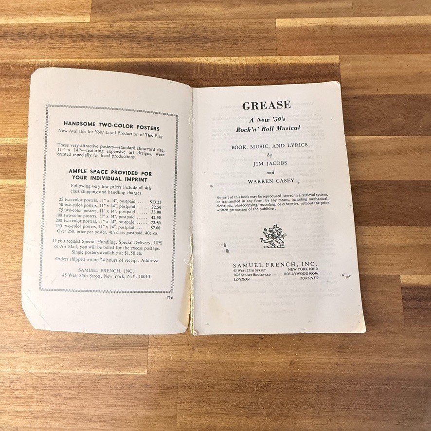 Vintage Grease Musical Script Book Samuel French: Sandy’s Highlighted Lines