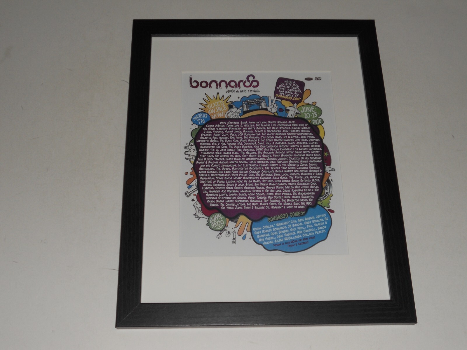 Large Framed Bonnaroo 2010 Handbill 24″ x 20″ DMB, Kings of Leon, Jay-Z, StevieW