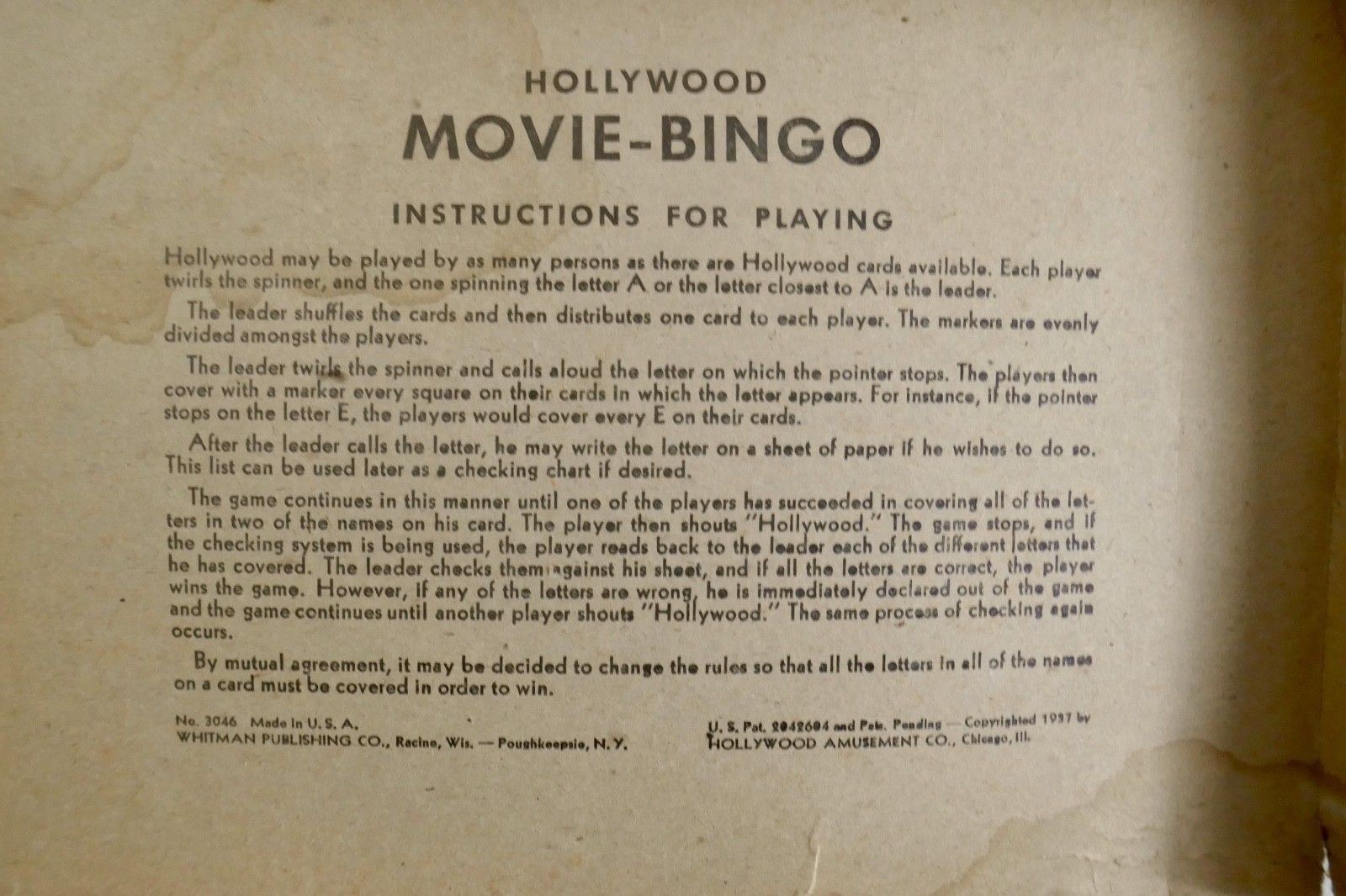 Vintage 1937 Game of HOLLYWOOD MOVIE BINGO by WHITMAN PUBLISHING CO. Nr Complete
