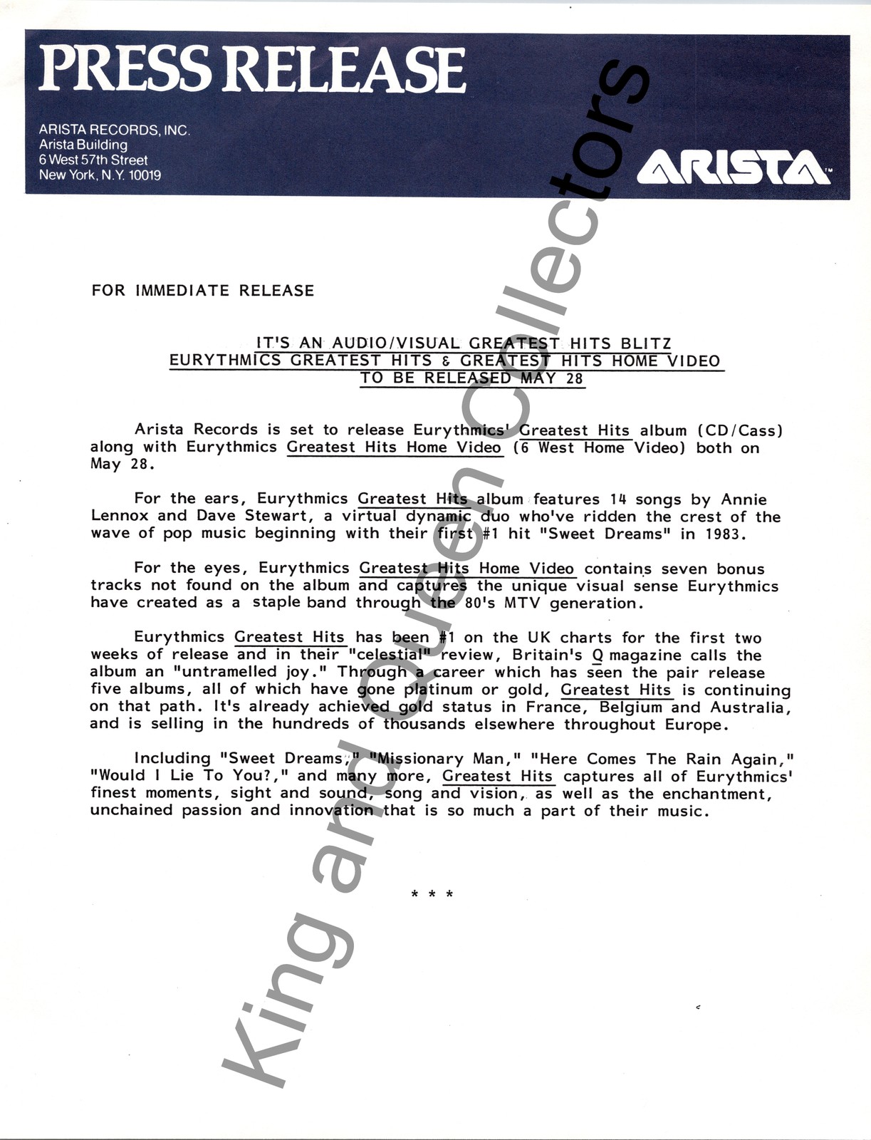Eurythmics Original Arista Records, Inc Press Kit Press Release Greatest Hits