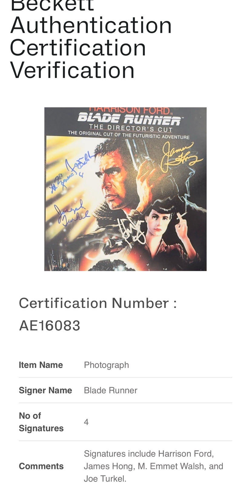 HARRISON FORD JAMES HONG EMMETT WALSH +1 BLADE RUNNER AUTOGRAPH 12×18 PHOTO BAS
