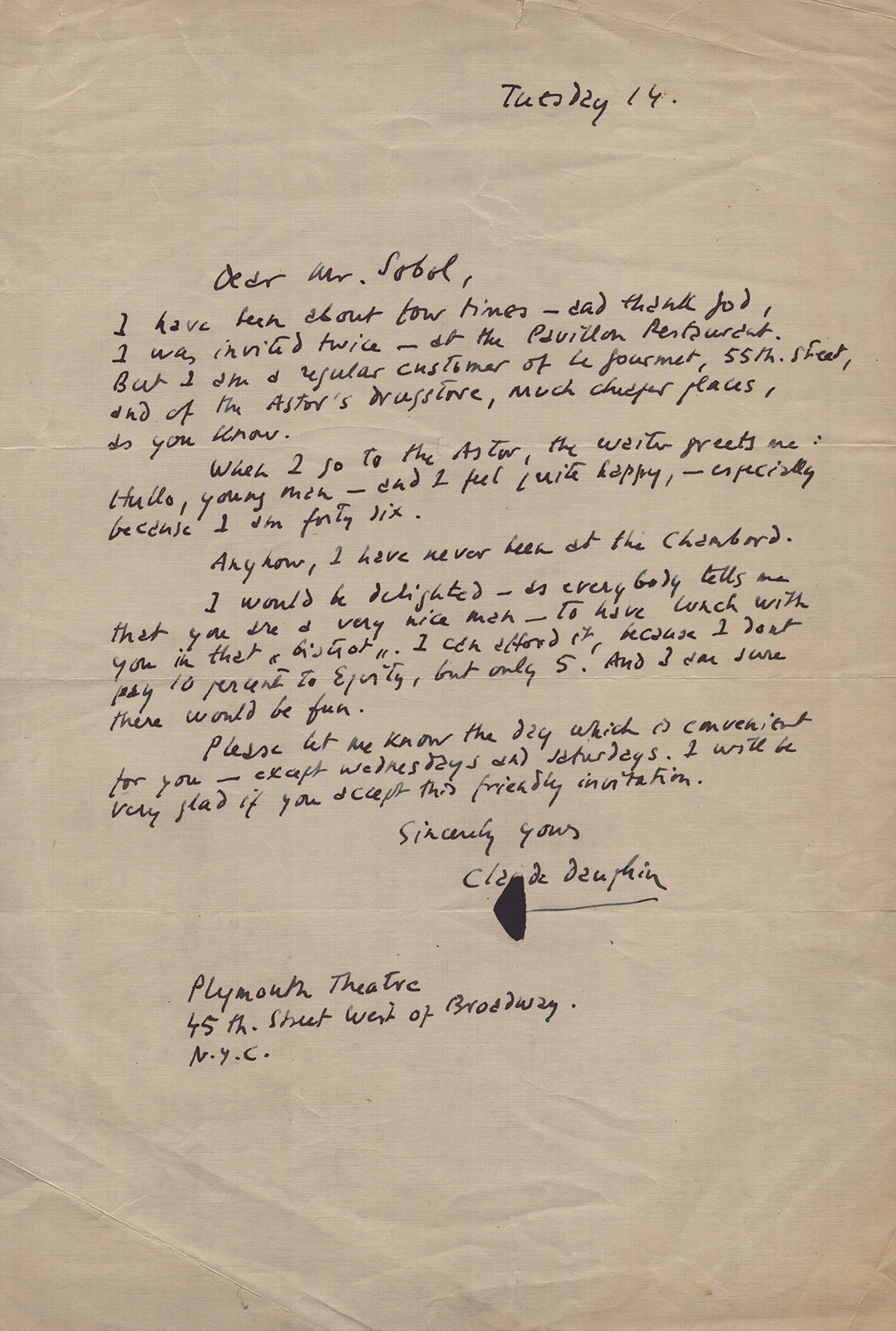 CLAUDE DAUPHIN – AUTOGRAPH LETTER SIGNED
