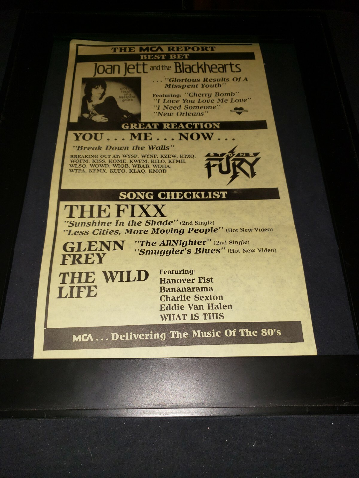 Joan Jett/Stone Fury/The Fixx/Glenn Frey Rare Radio Promo Poster Ad Framed
