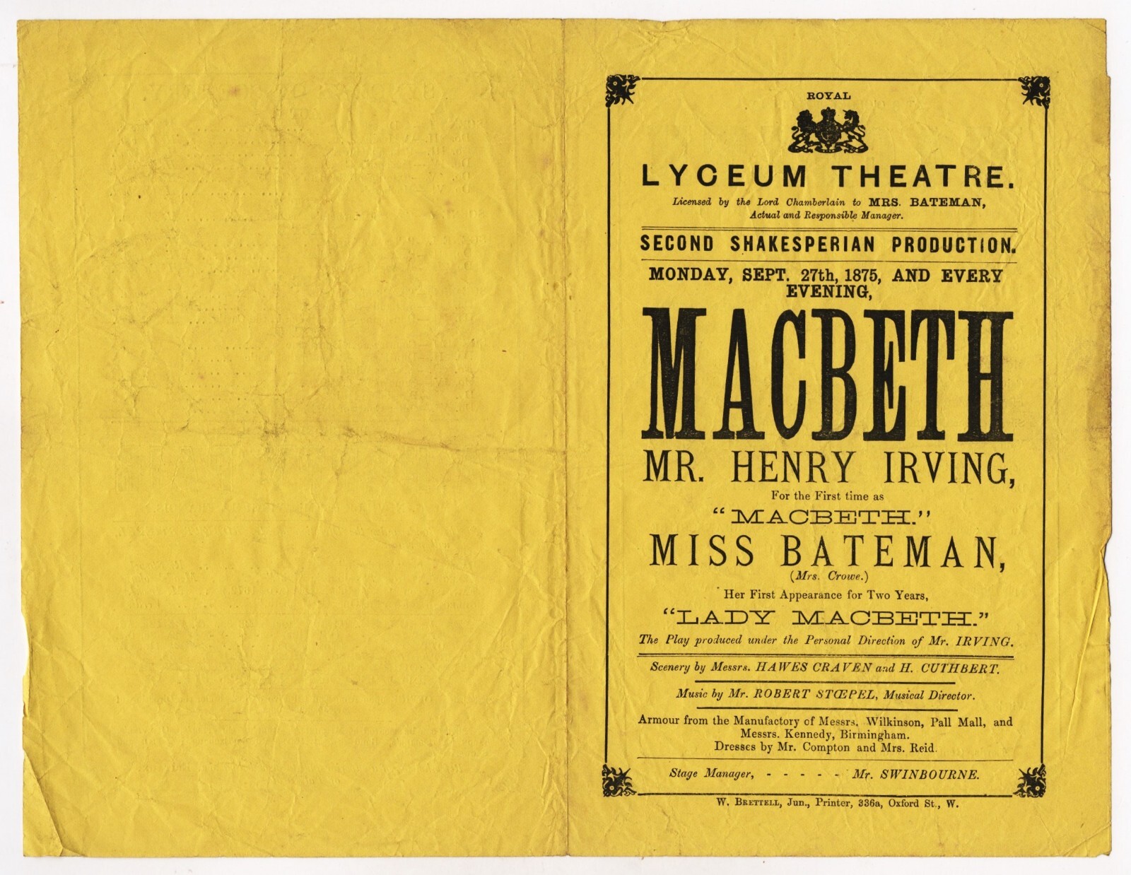 Henry Irving (First Time as) “MACBETH” Miss Kate Bateman 1875 London Program