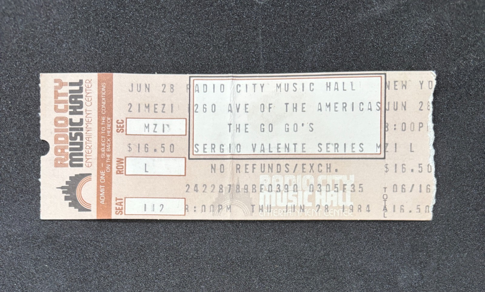 The Go-Go’s 1984 Radio City Music Hall Concert Ticket Stub Sergio Valente Series