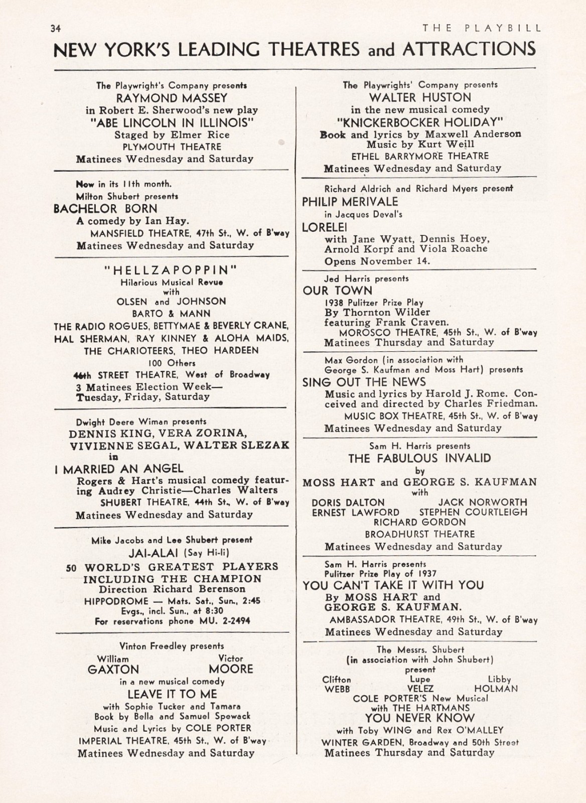Jack Norworth “THE FABULOUS INVALID” Solly Ward 1938 Broadway Auto Show Playbill