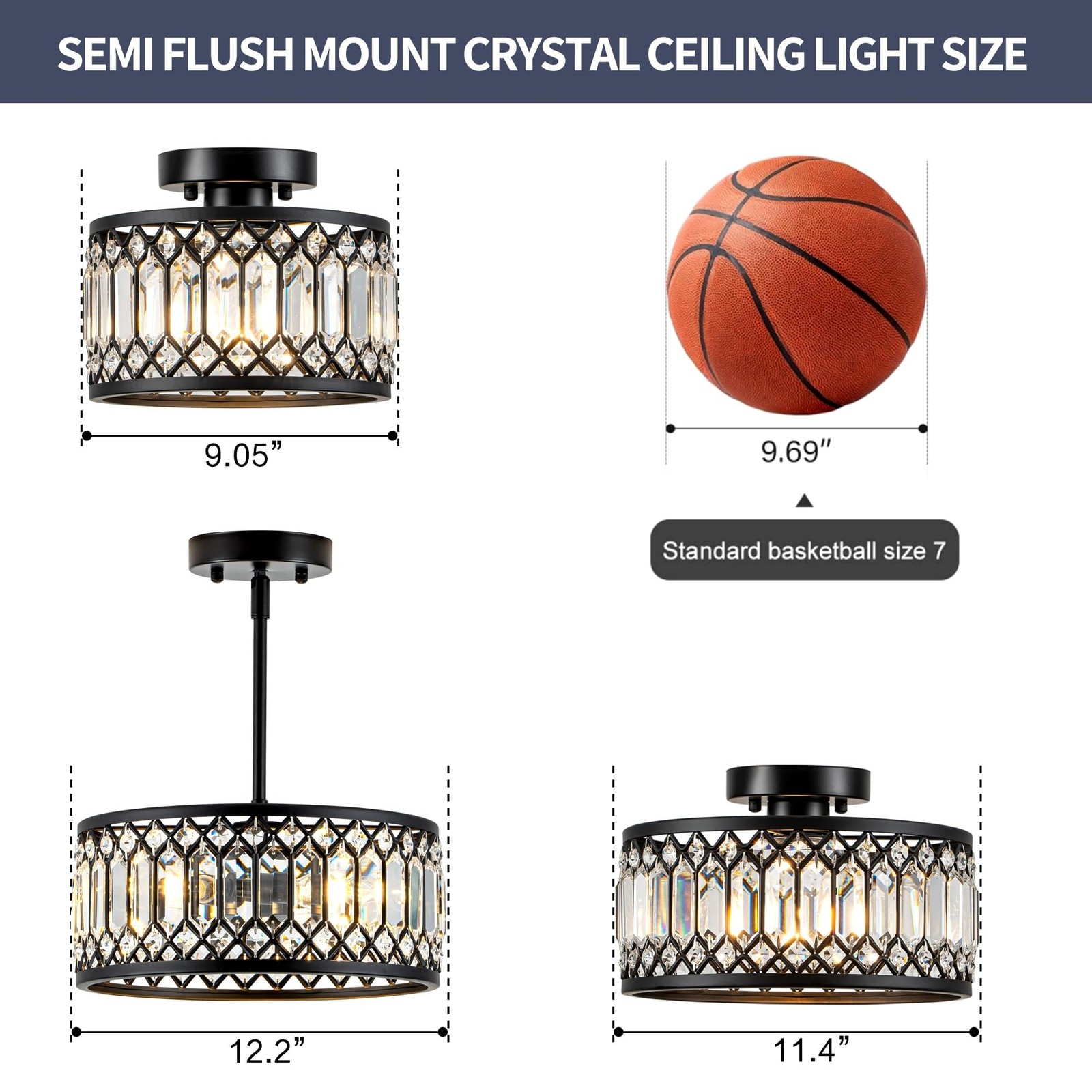 Zlepmlla Crystal Black Ceiling Light, Modern Semi Flush Mount Ceiling Light F…