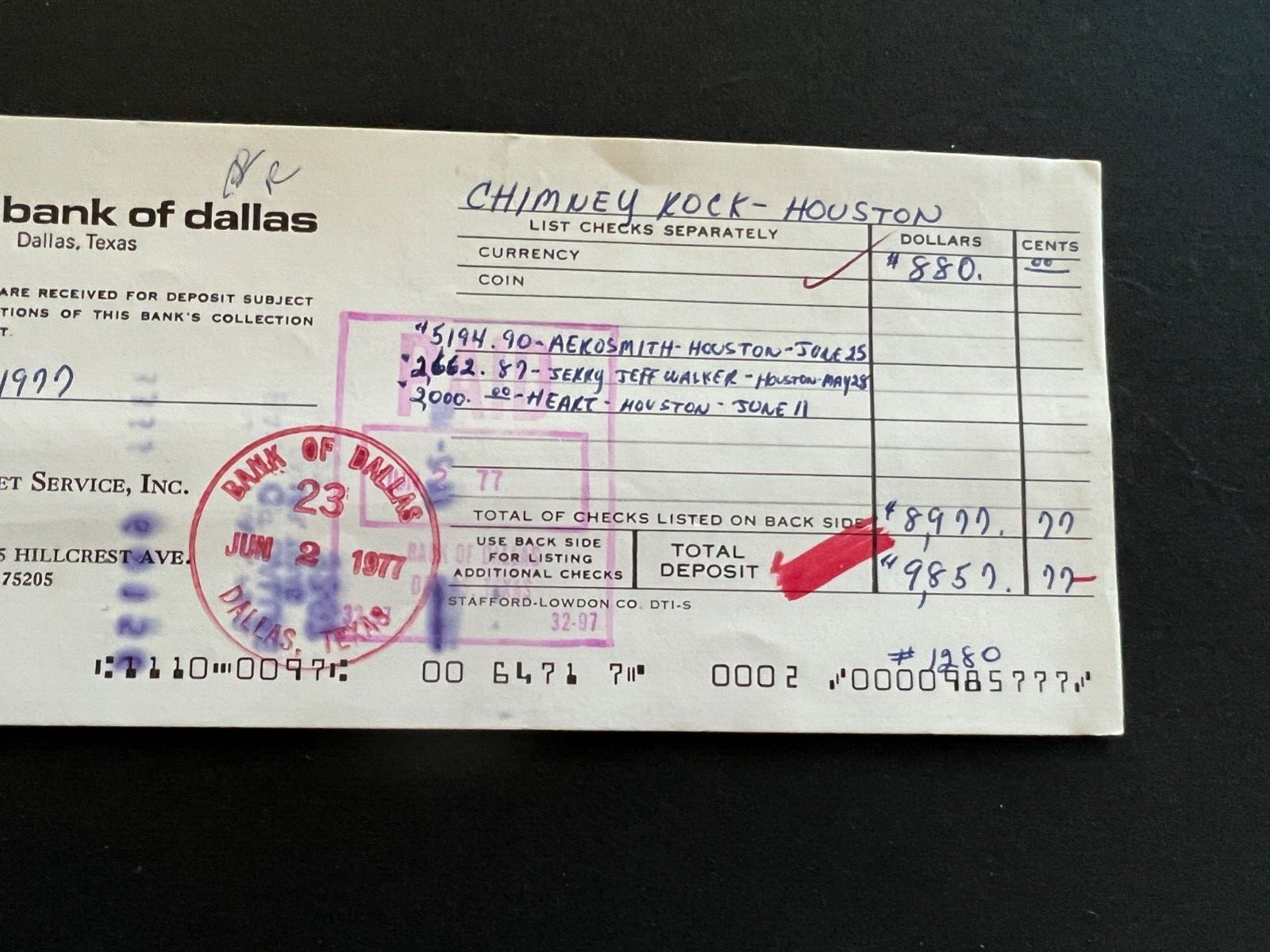 Aerosmith Jerry Jeff Walker Heart Bank Deposit from 10k of Ticket Sales Texas 77