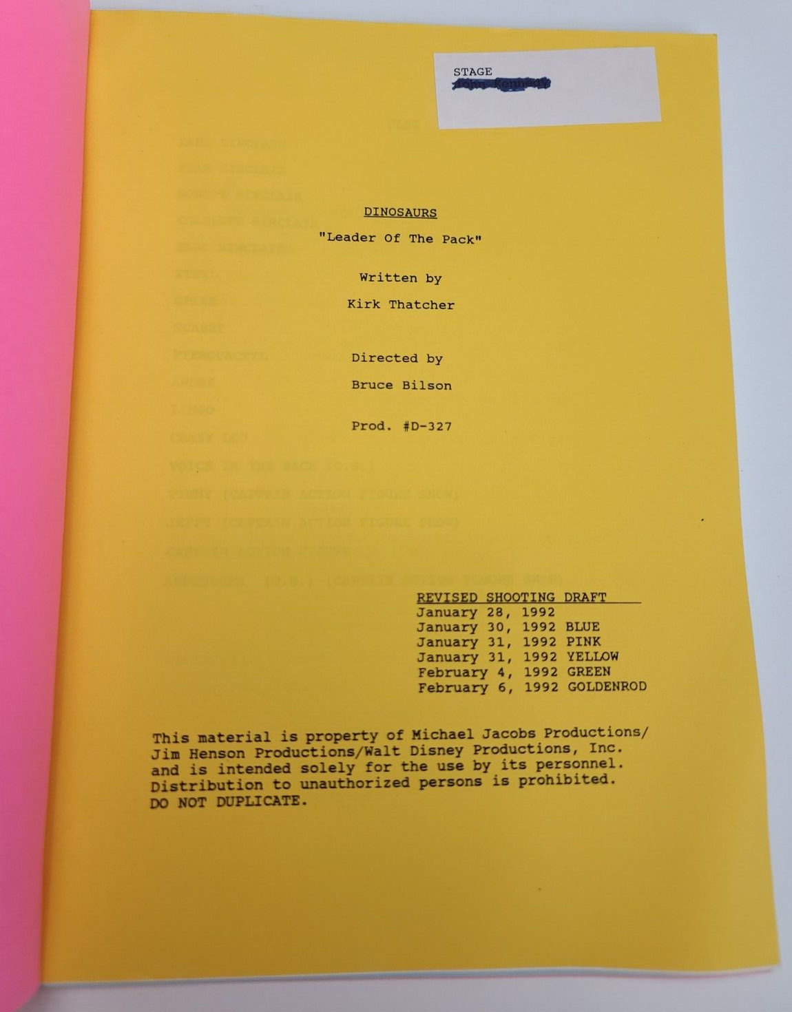 DINOSAURS / Kirk Thatcher 1992 TV Script Brian & Jim Henson “Leader of the Pack”