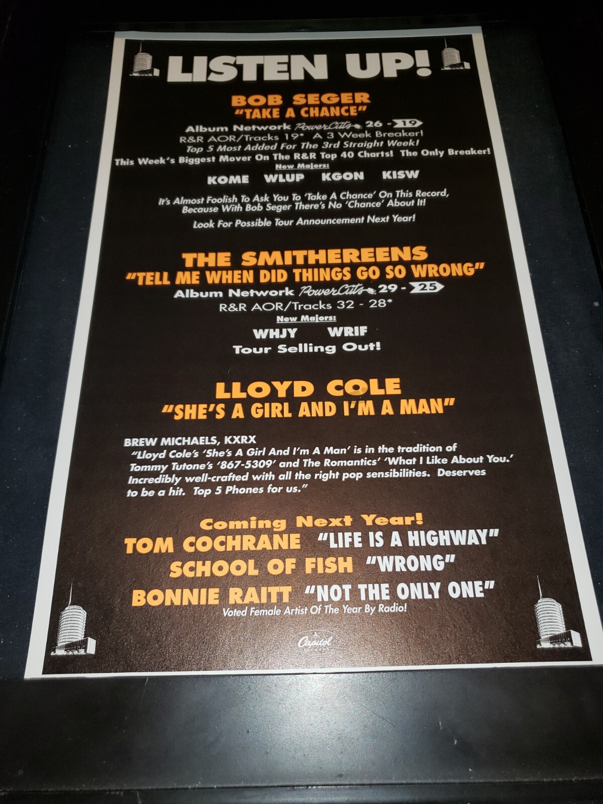 Bob Seger/The Smithereens/Lloyd Cole Rare Original Radio Promo Poster Ad Framed