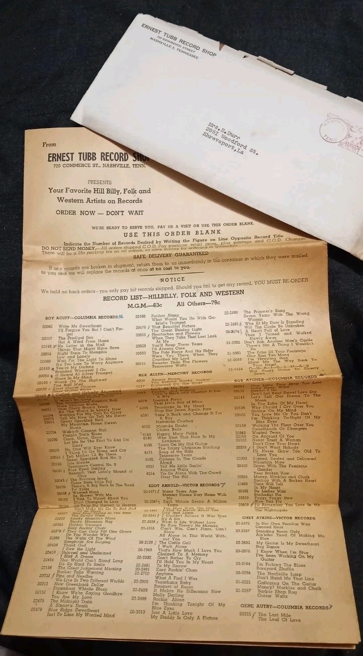 Vintage 1950s Ernest Tubb Record Shop Order Booklet Original Envelope RARE