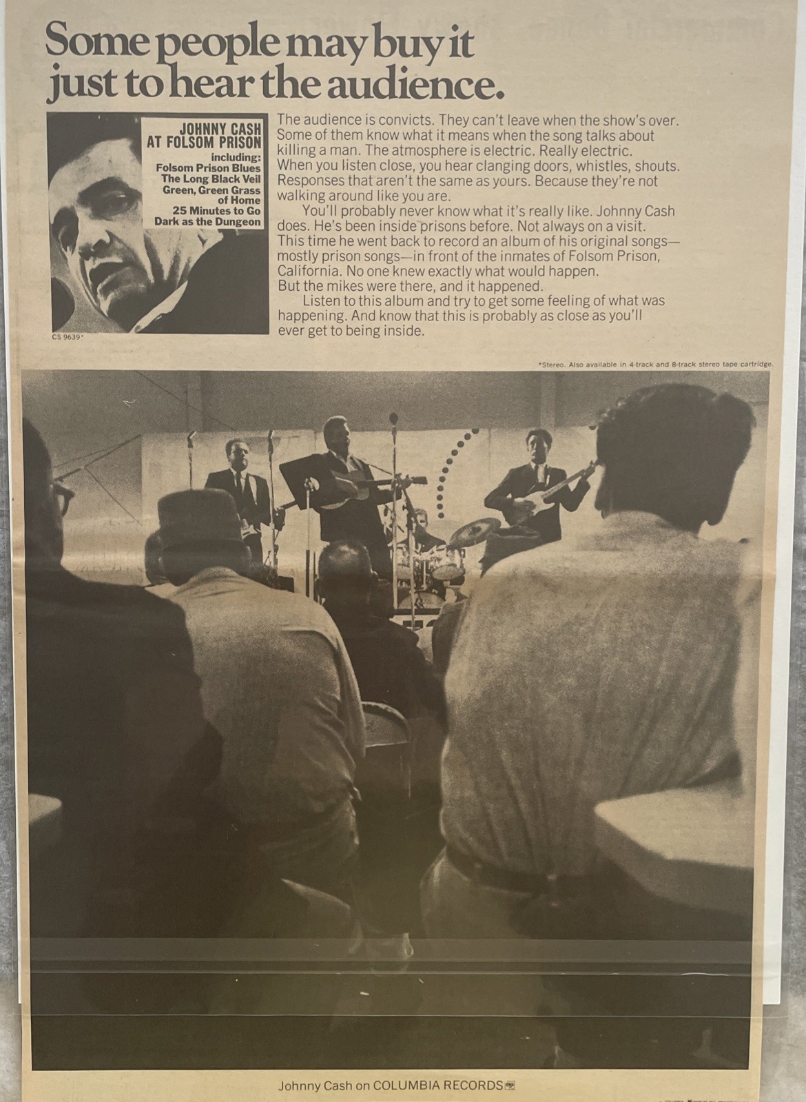 1968 Johnny Cash, Folsom Prison, Record Promo Ad