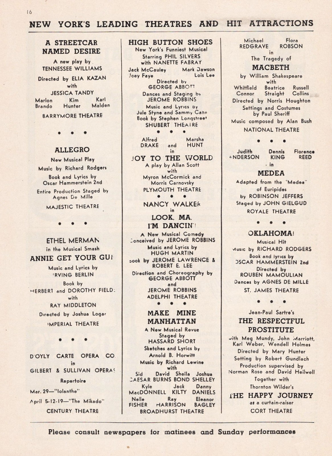 Michael Redgrave “MACBETH” Flora Robson / Julie Harris 1948 Opening Playbill