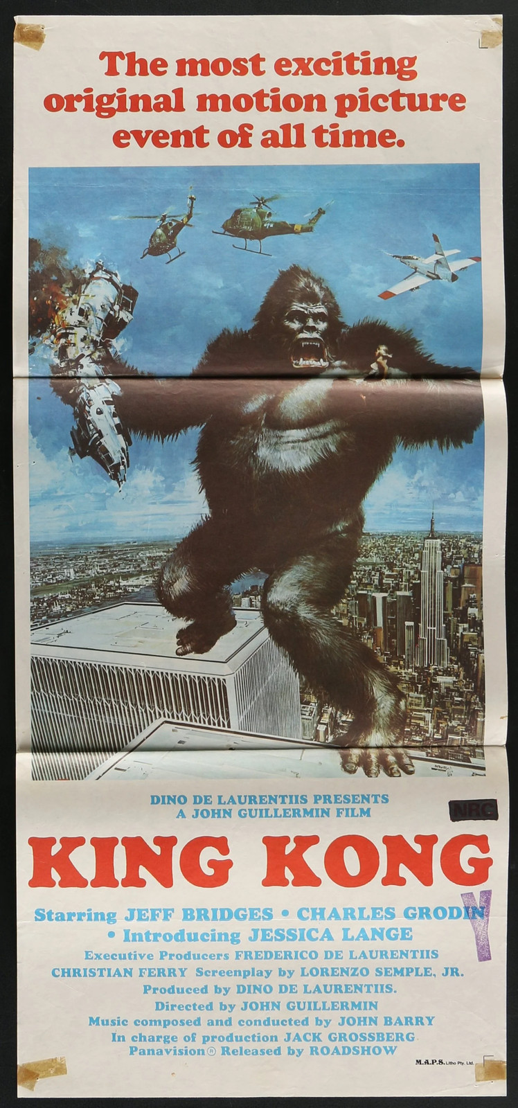 King Kong (1976) Australian Daybill Movie Poster Folded 14×30 Jeff Bridges