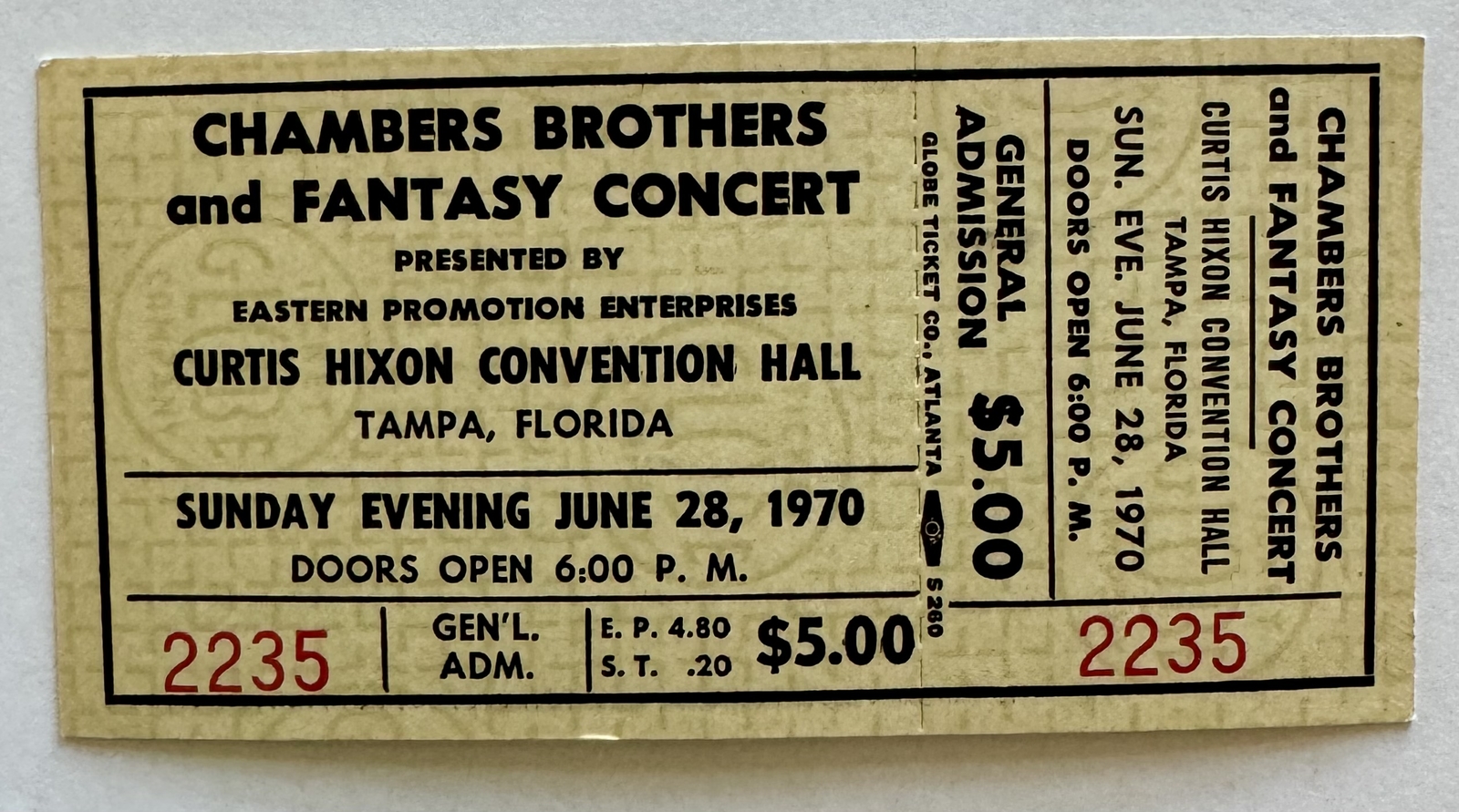 Chambers Brothers Concert Ticket 1970 Tampa Florida Curtis Hixon Convention Hall