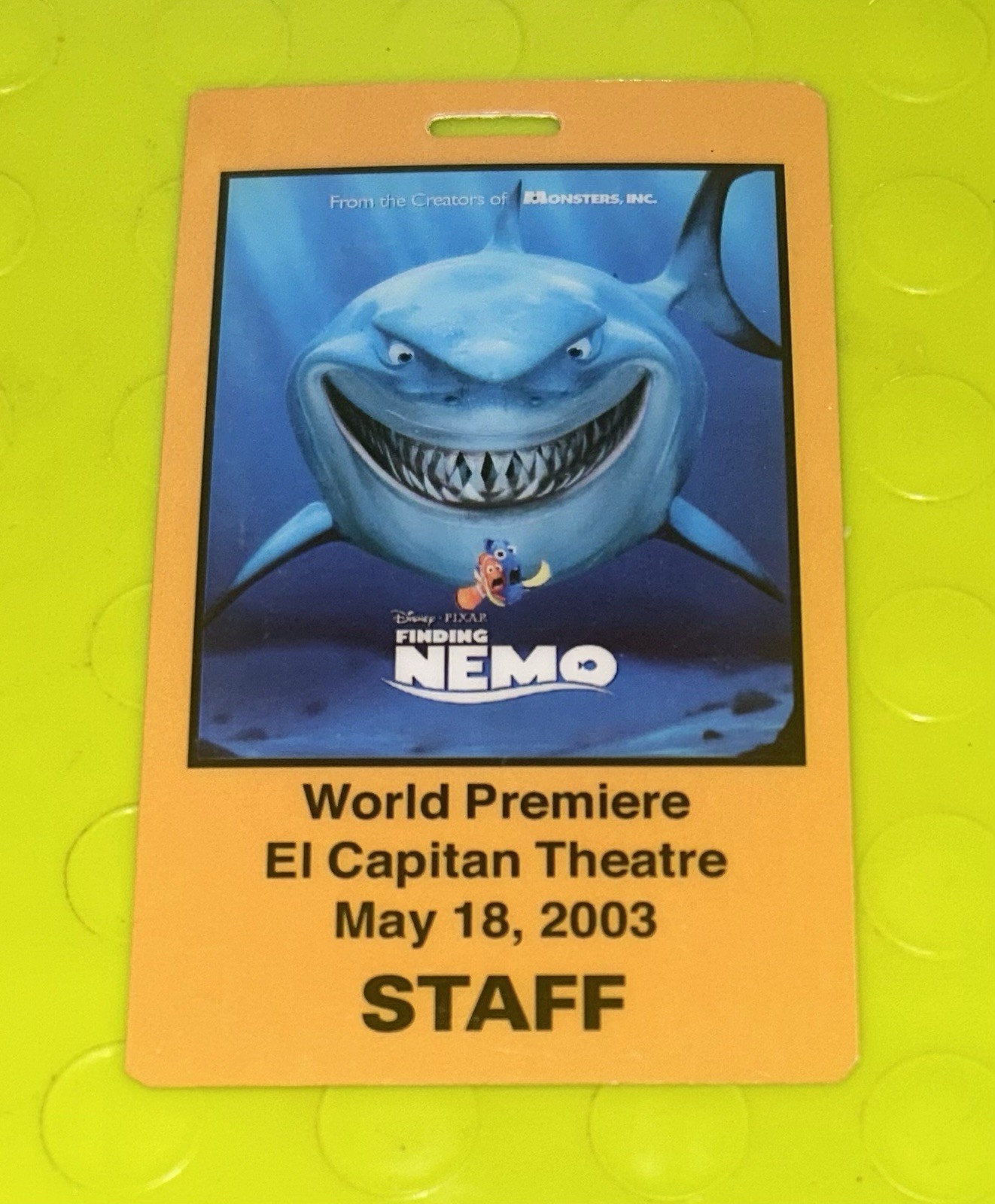 2003 Pixar Finding Nemo Movie Premiere Staff Badge El Capitan Theater Fine Cond