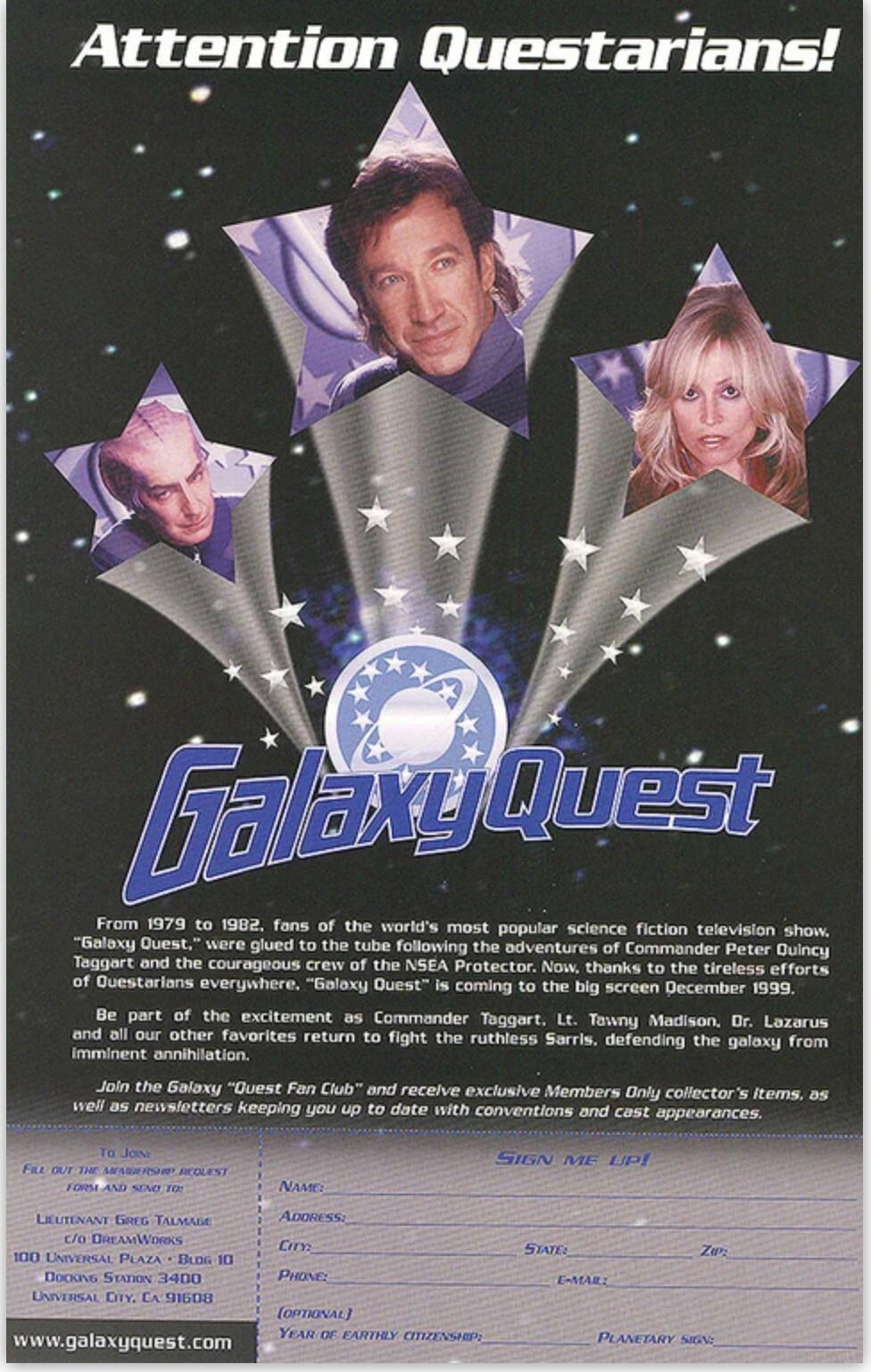 Galaxy Quest movie poster 11×17 inches Alan Rickman Sigourney Weaver Fan Club