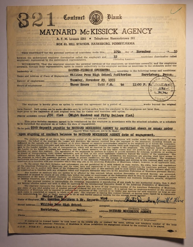 VINTAGE SIGNED CONTRACT SAUTER-FINEGAN ORCHESTRA 1955 JAZZ WILLIAM PENN HIGH
