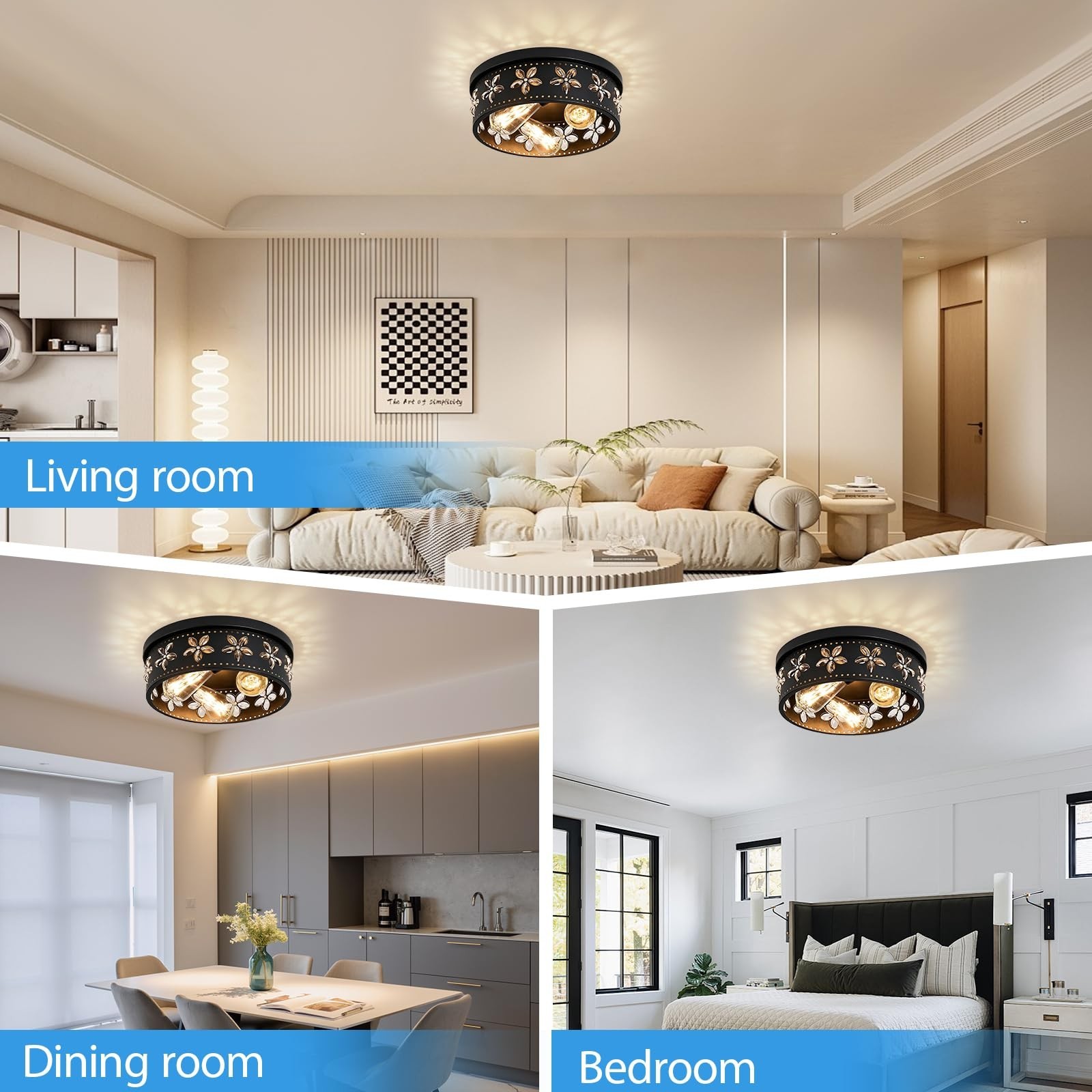 12.6 Inch Black Flush Mount Ceiling Light Fixture | 3-Light, Flower, Farmhous…