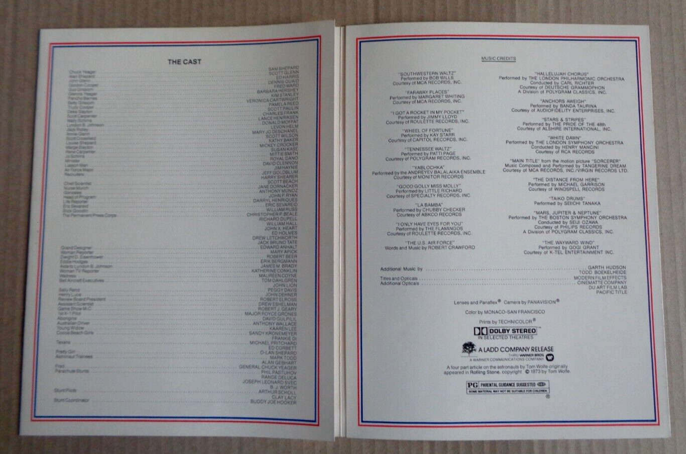 The Right Stuff 1983 Premiere Program Credit Sheet Ed Harris Sam Shepard