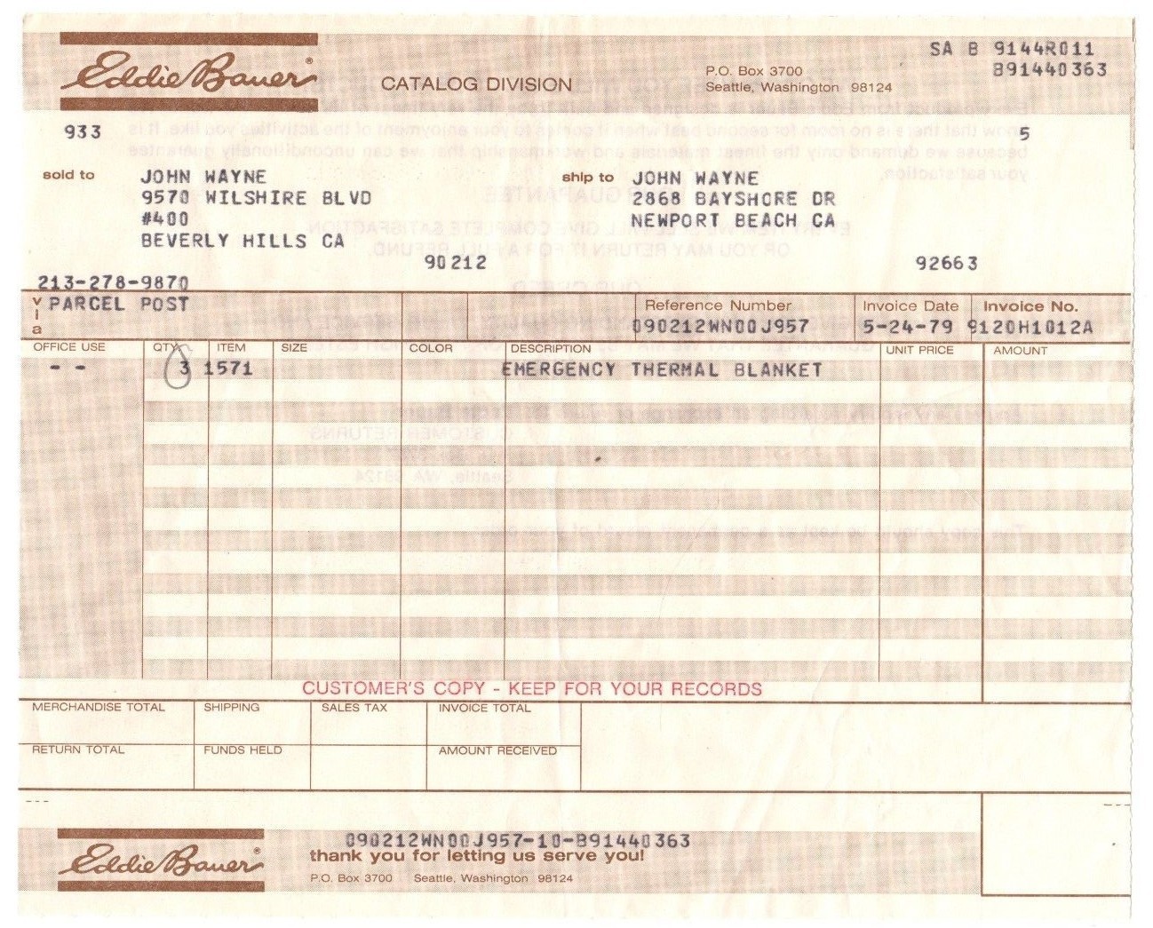 Emergency Thermal Blanket Owned by John Wayne – Ordered Days Before His Death