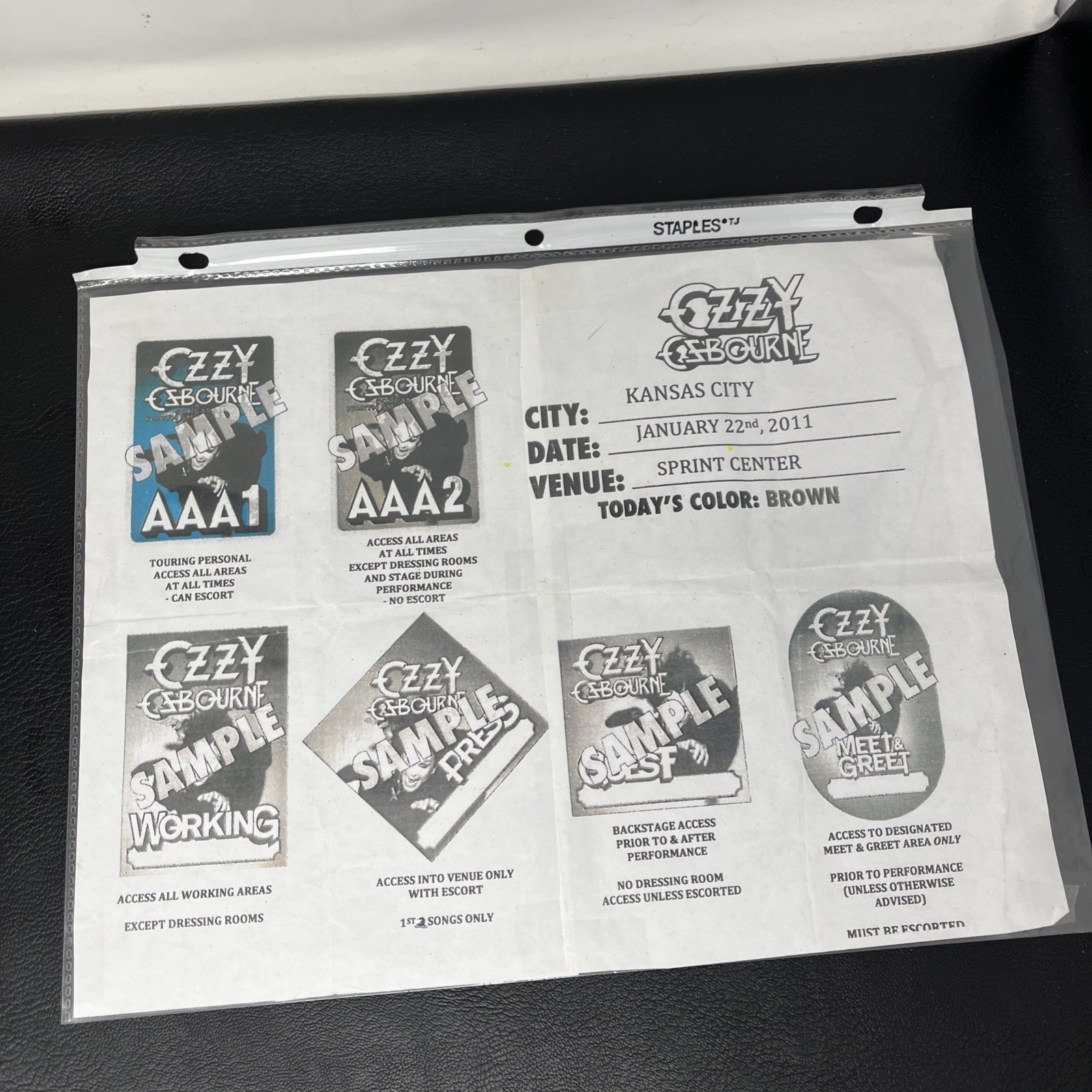 Ozzy Osbourne backstage Pass Crew Staff Sheet Instructions 2011 Kansas City