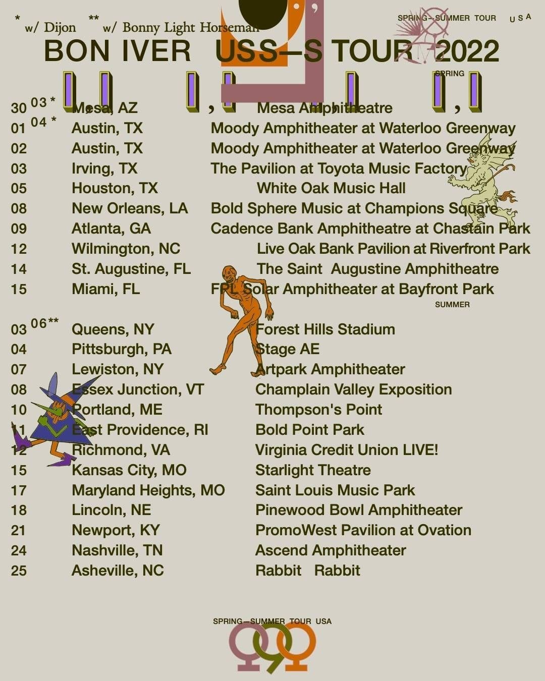 BON IVER “USS-S SPRING SUMMER TOUR 2022” U.S. CONCERT POSTER – Indie Folk Music