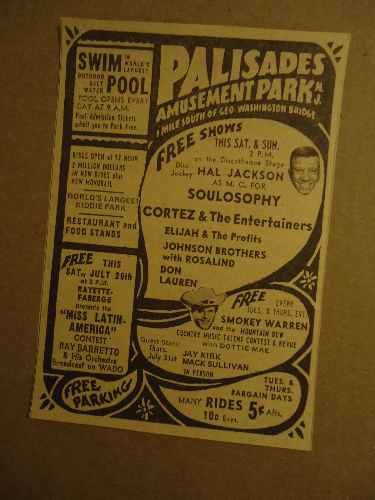 Cortez & The Entertainers 1969 concert ad Palisades Amusement Park NJ