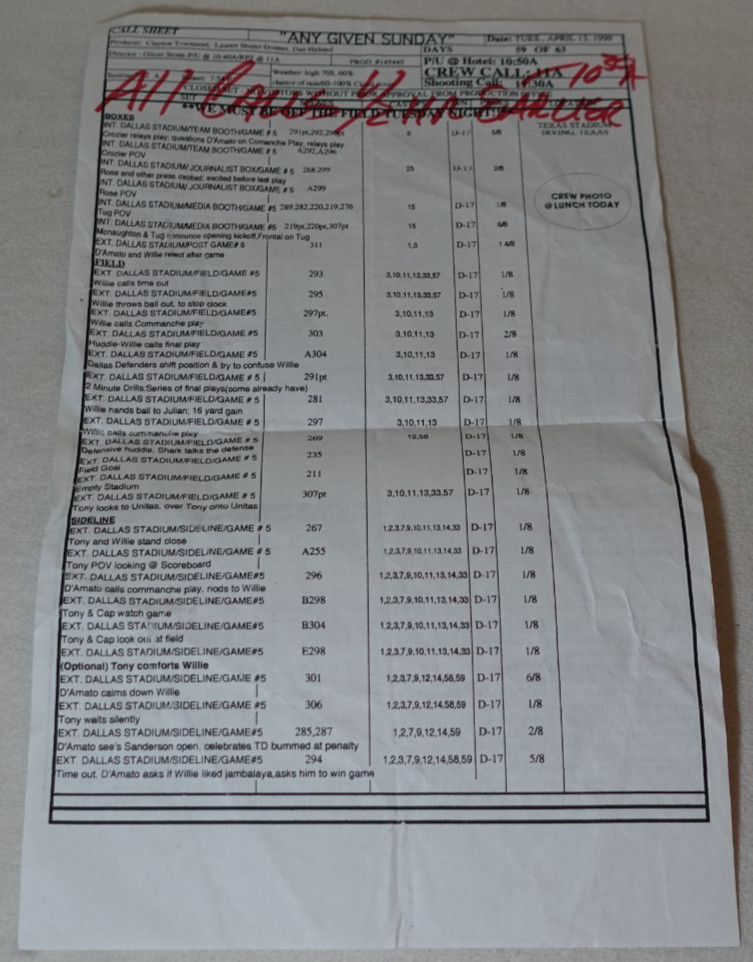 Any Given Sunday 1999 Oliver Stone Al Pacino Texas Stadium Original Call Sheet