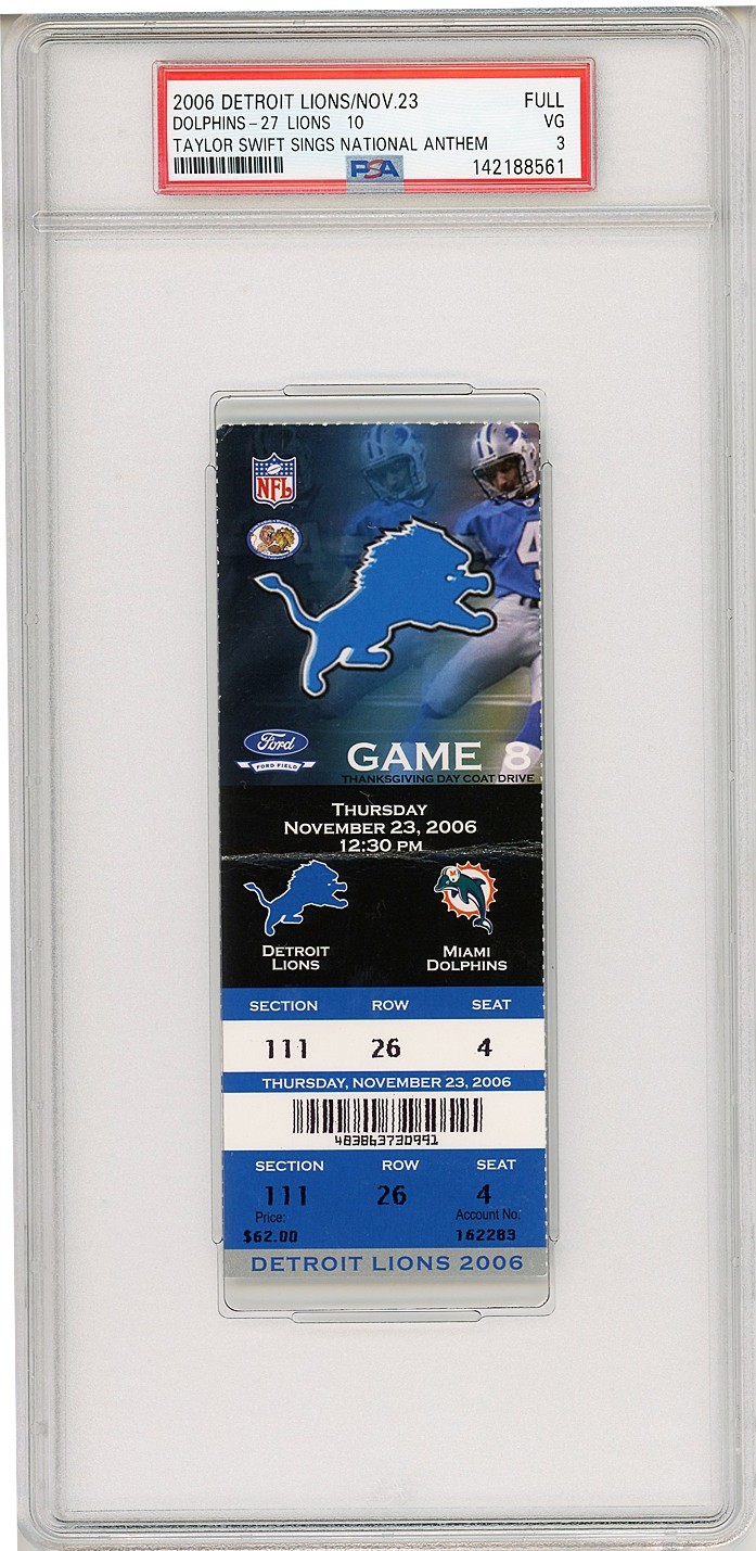 2008 -TAYLOR SWIFT TV DEBUT- PSA Full/Complete Detroit Lions NFL Football Ticket