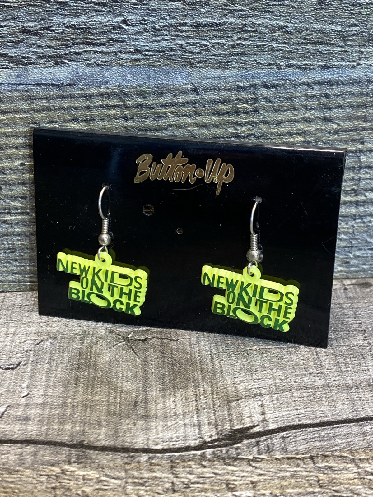VTG 1989 New Kids On The Block NKOTB Neon Green Spell Out Earrings By Button Up