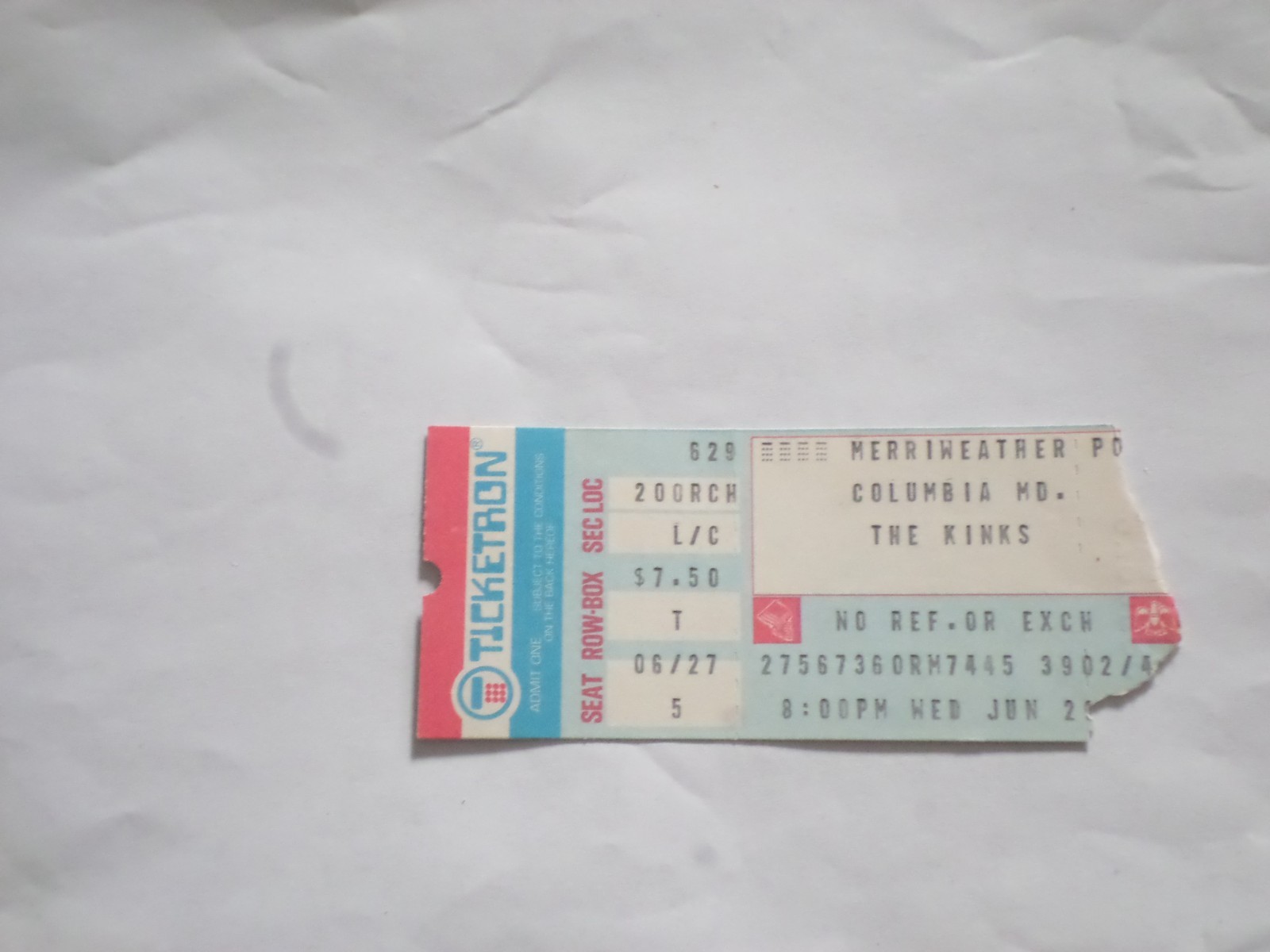 The Kinks-Ray Davies & Pierce Arrow Concert Ticket-1977-“Lola”-Columbia,MD
