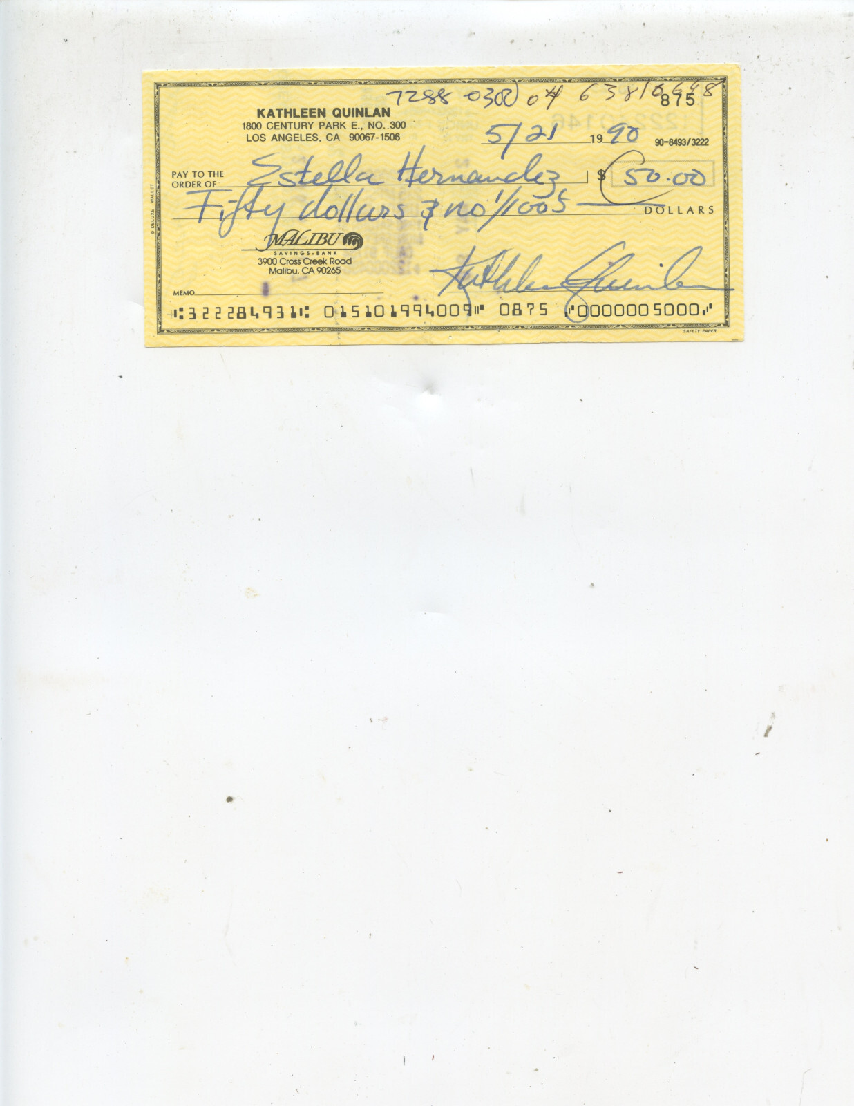 POPULAR ACTRESS “KATHLEEN QUINLAN” SIGNED CHECK (“APOLLO 13” AND “FAMILY LAW”)