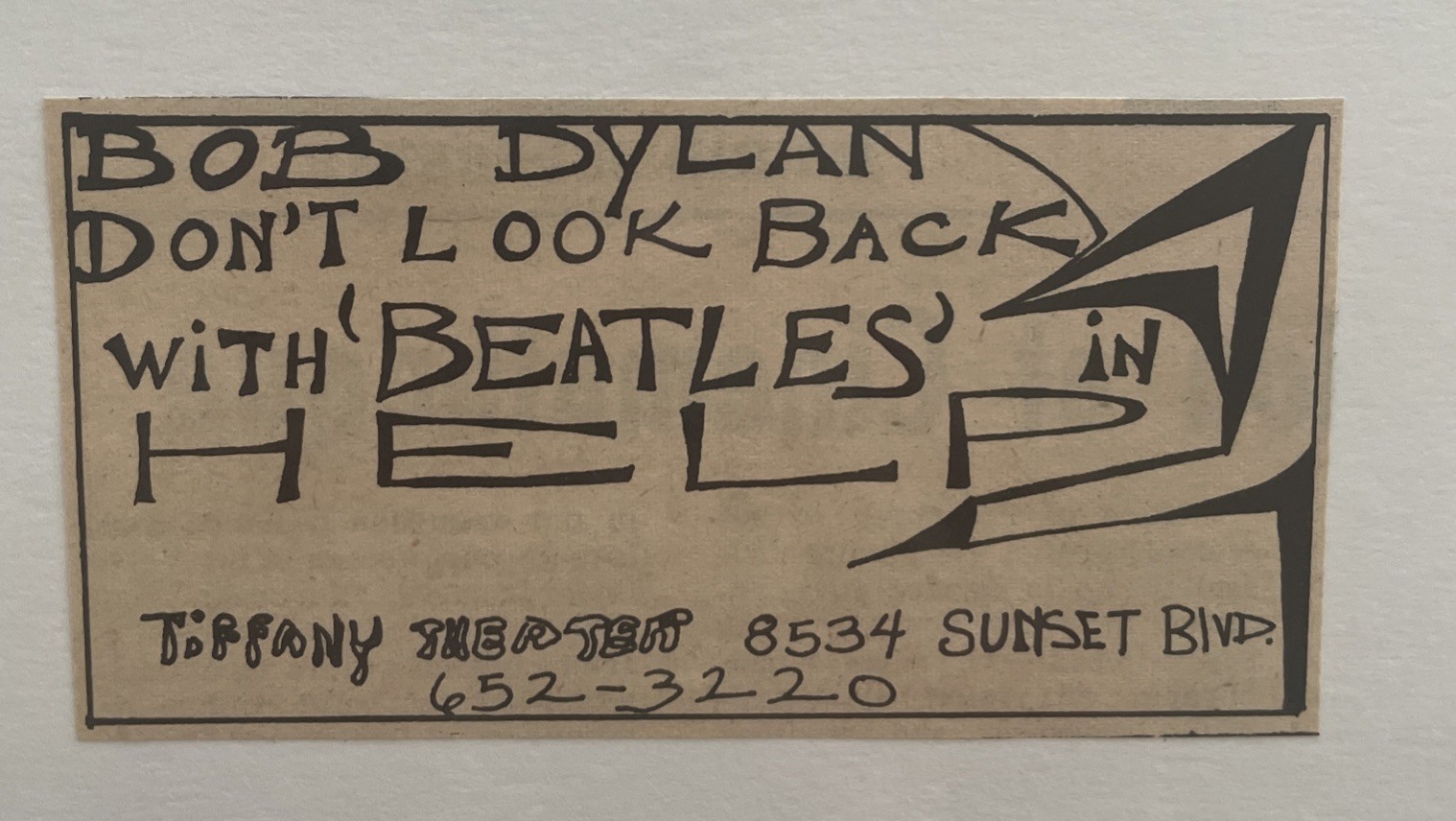 1968 Bob Dylan , Don’t Look Back & Beatles Help TIFFANY THEATER L.A., Film Ad