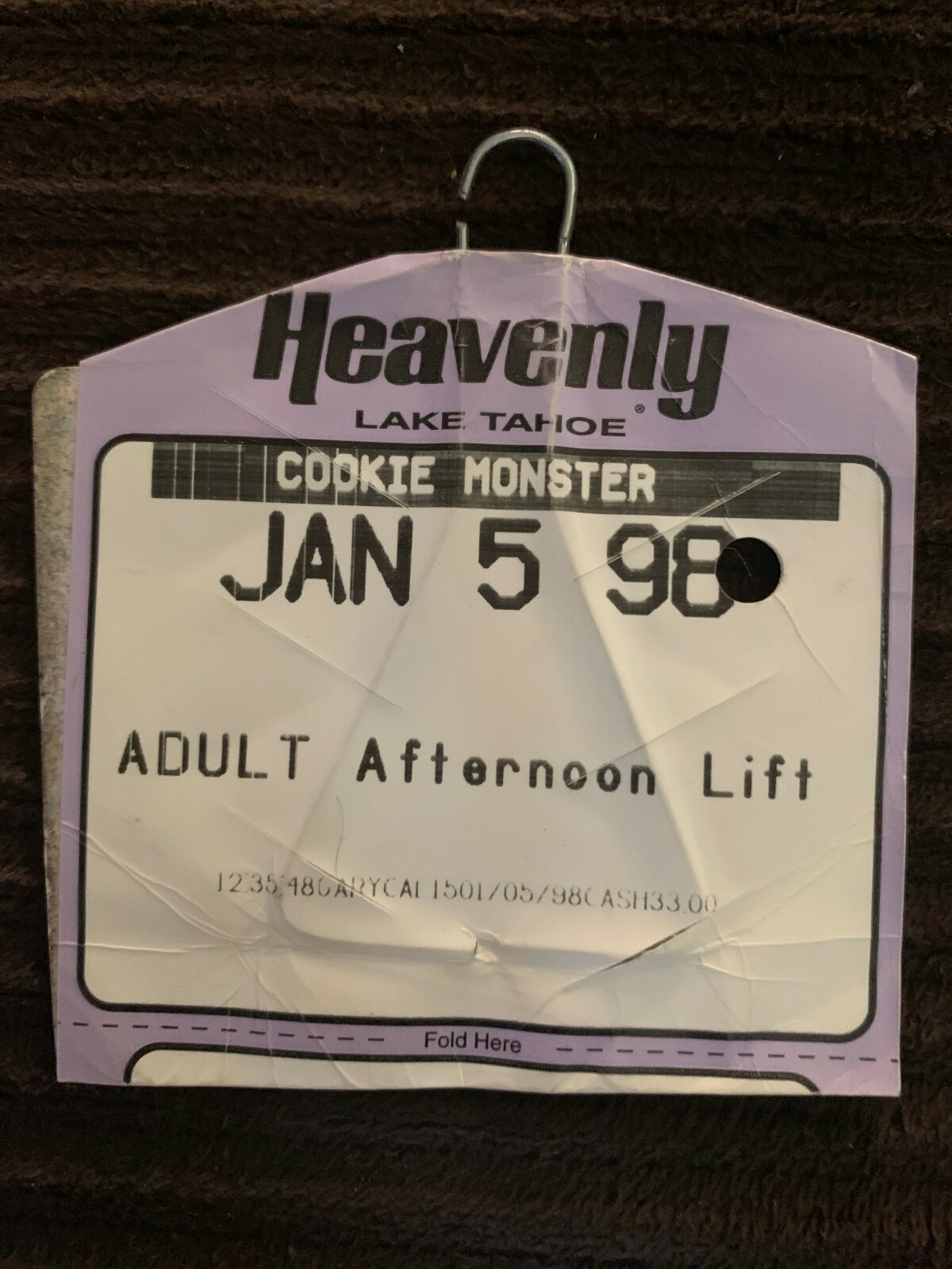 Sonny Bono Heavenly Valley Ski Resort Lift Pass Ticket day of his death 1/5/98