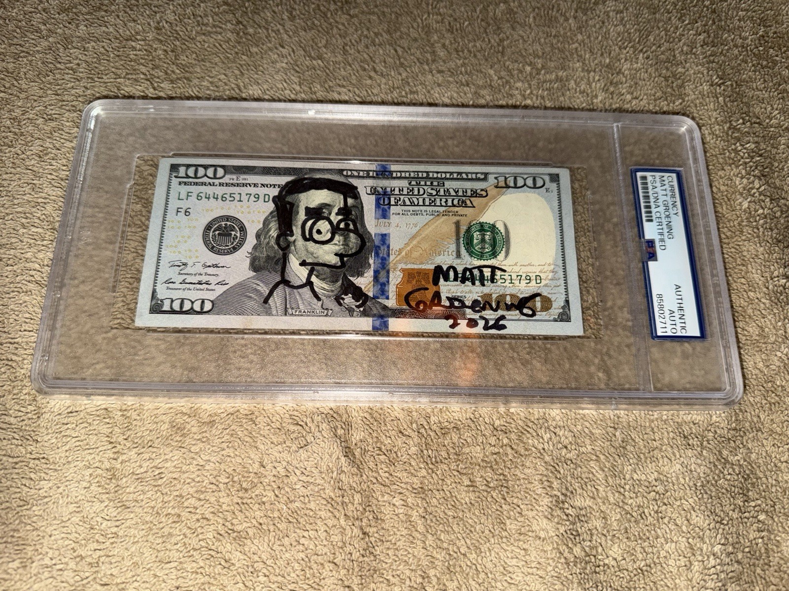 Matt Groening Signed Official $100 Dollar Bill Currency Simpsons Milhouse PSA