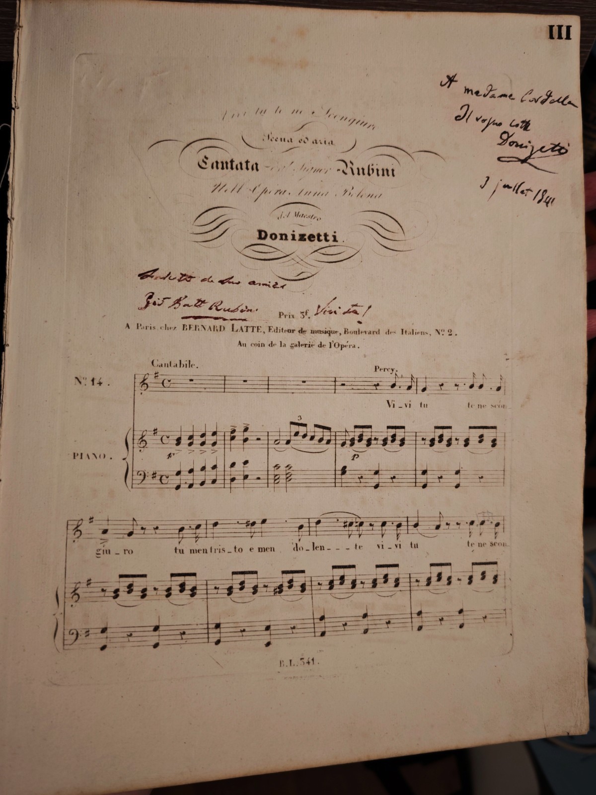 OPERA COMPOSER DONIZETTI, GAETANO AUTOGRAPH WITH TENOR GIOVANNI BATTISTA RUBINI