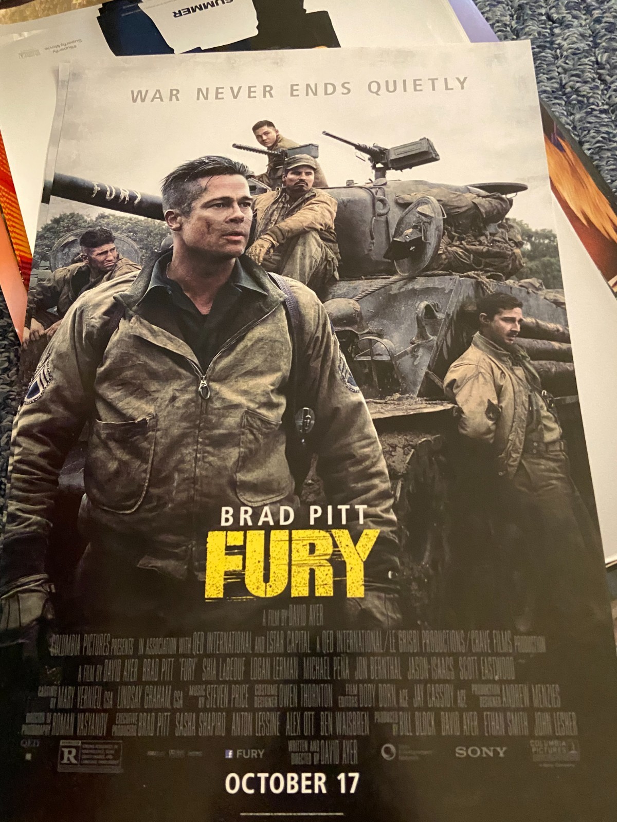 Fury with Brad Pitt 11″ by 17″ Poster Brand NEW