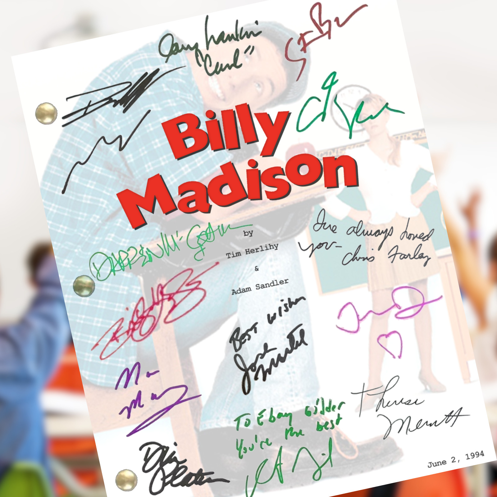 Billy Madison Movie Script Autograph Signed Reprints Chris Farley – Adam Sandler