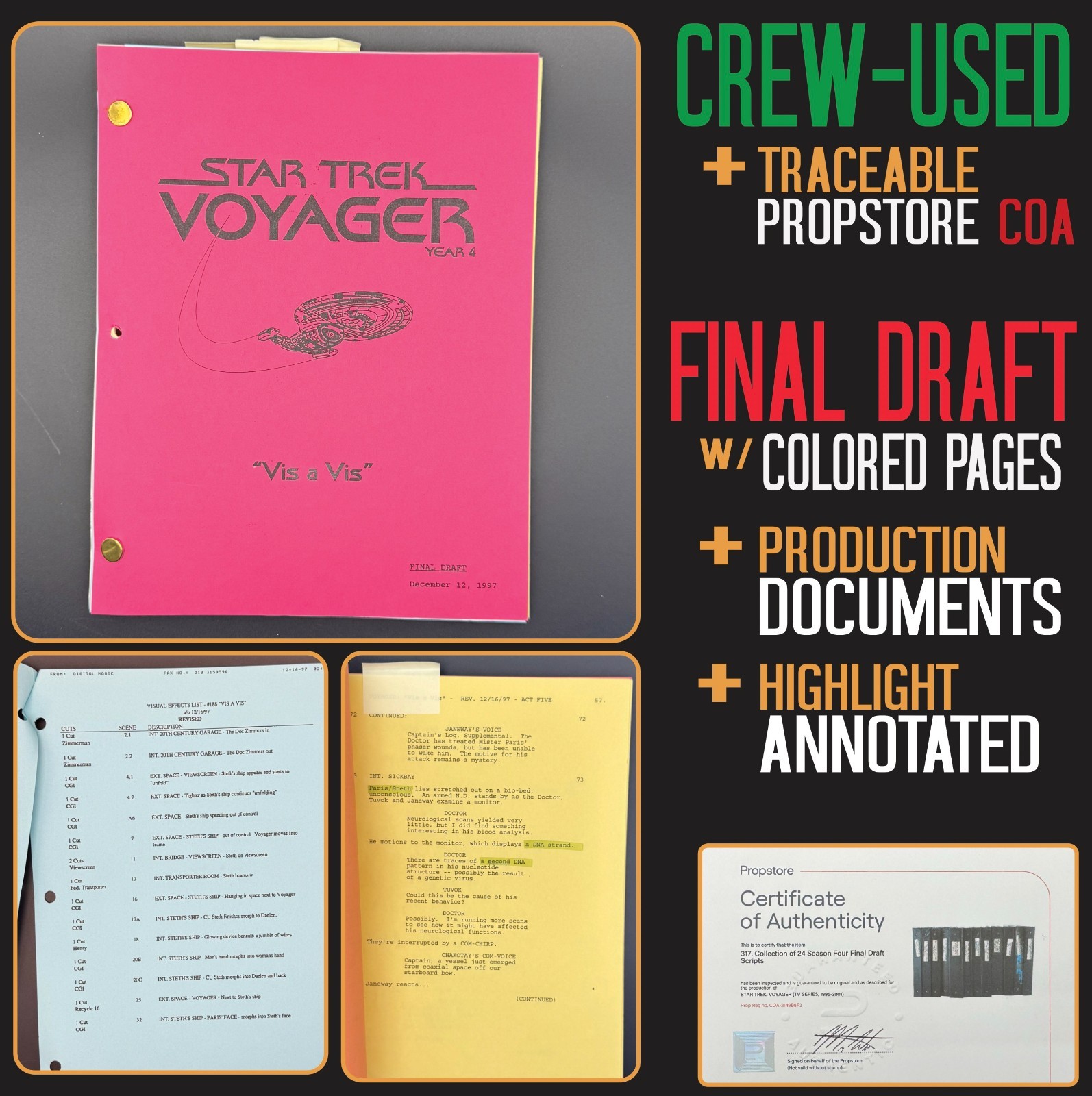 Star Trek Voyager Script LOT +Internal Docs +COA -Vis à Vis Production-Used
