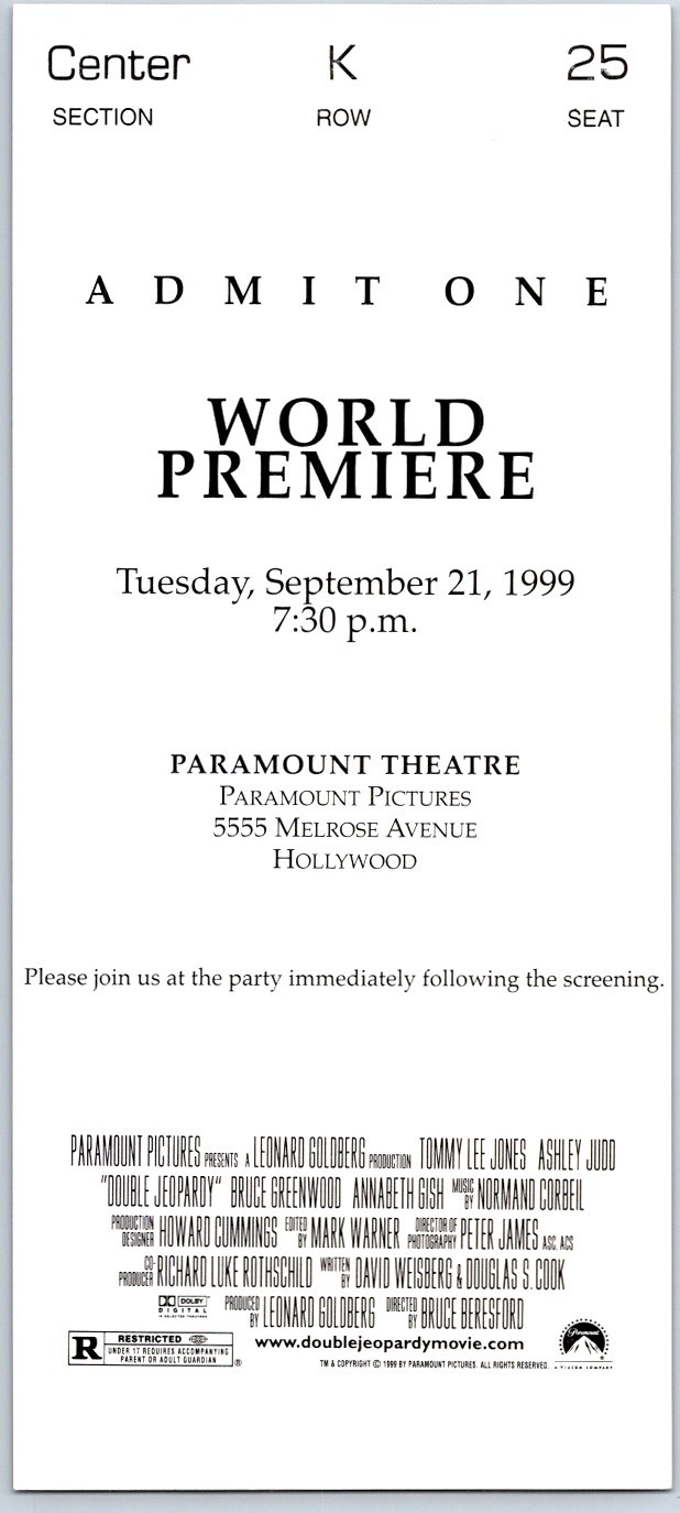 1999 Double Jeopardy Pre-Release Screening Ticket Tommy Lee Jones Ashley Judd
