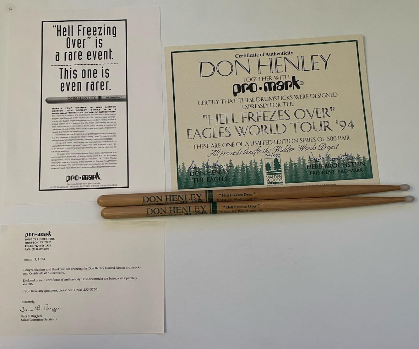 Eagles Don Henley 1994 Hell Freezes Over Drumsticks W/ Signed COA 196/500