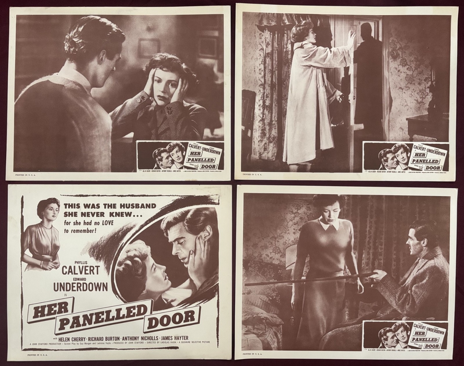 HER PANELLED DOOR LOBBY CARDS (4) 1950 RICHARD BURTON PHYLLIS CALVERT